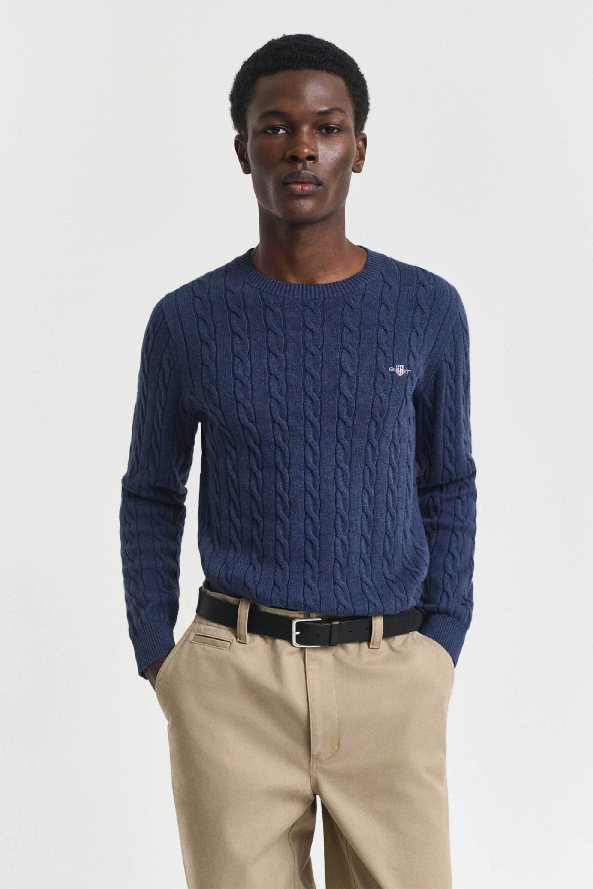 Gant ανδρικό πουλόβερ με cable knit pattern και κεντημένο λογότυπο Regular Fit - 8050601 Μπλε Deep Sky