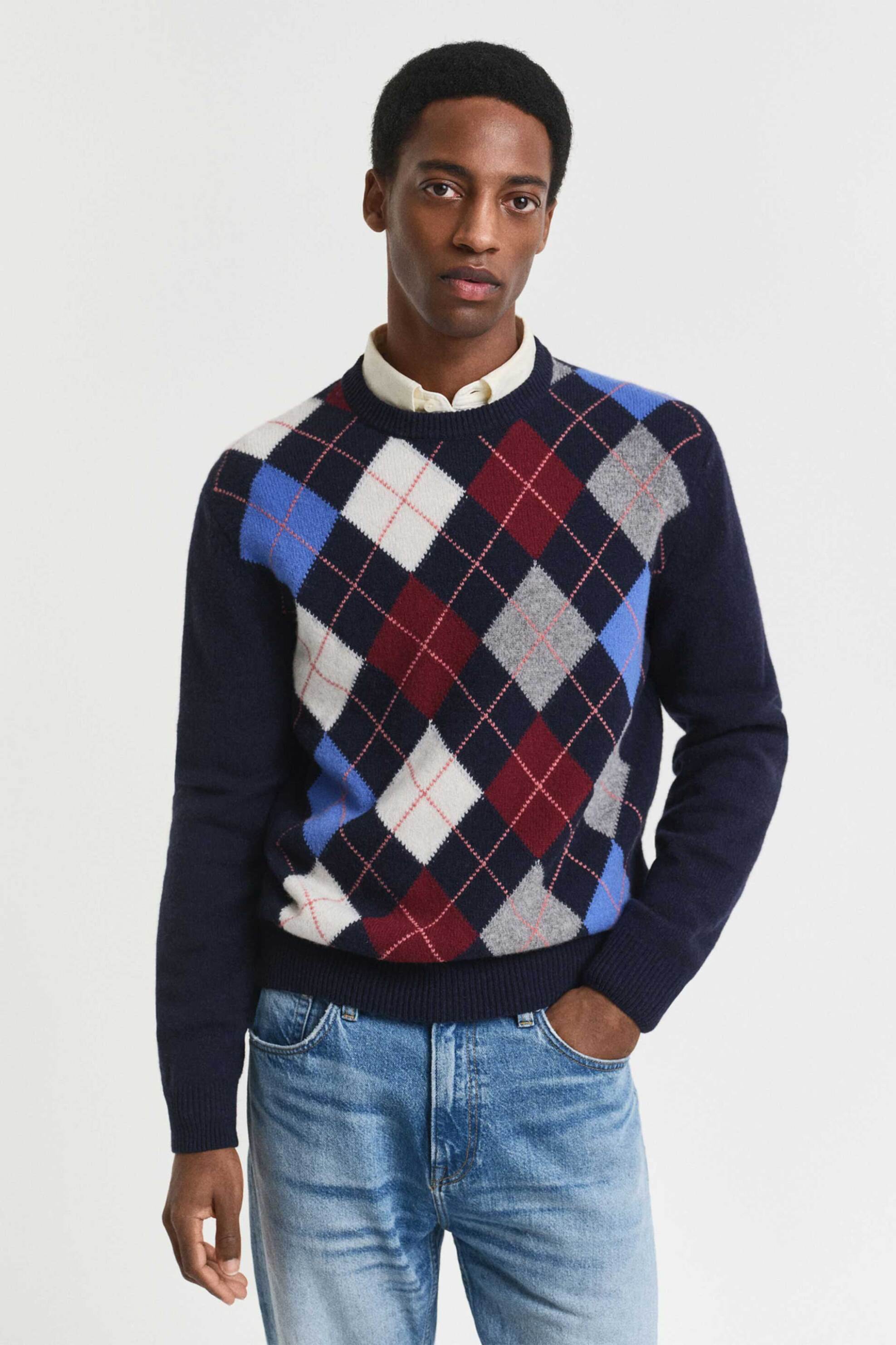 Gant ανδρικό πουλόβερ με argyle pattern Regular Fit - 8060102 Μπλε Σκούρο
