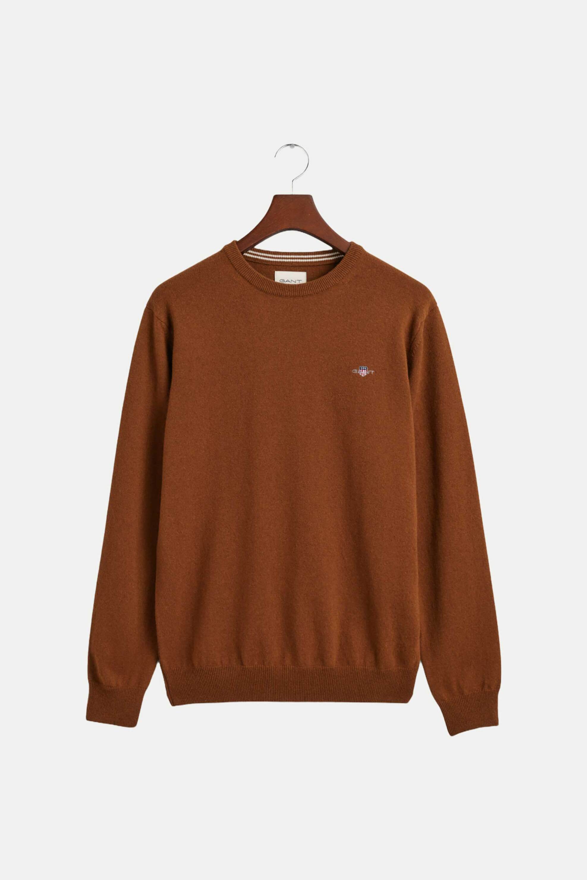Gant ανδρικό μάλλινο πουλόβερ με κεντημένο λογότυπο Regular Fit - 87211 Καφέ Tawny