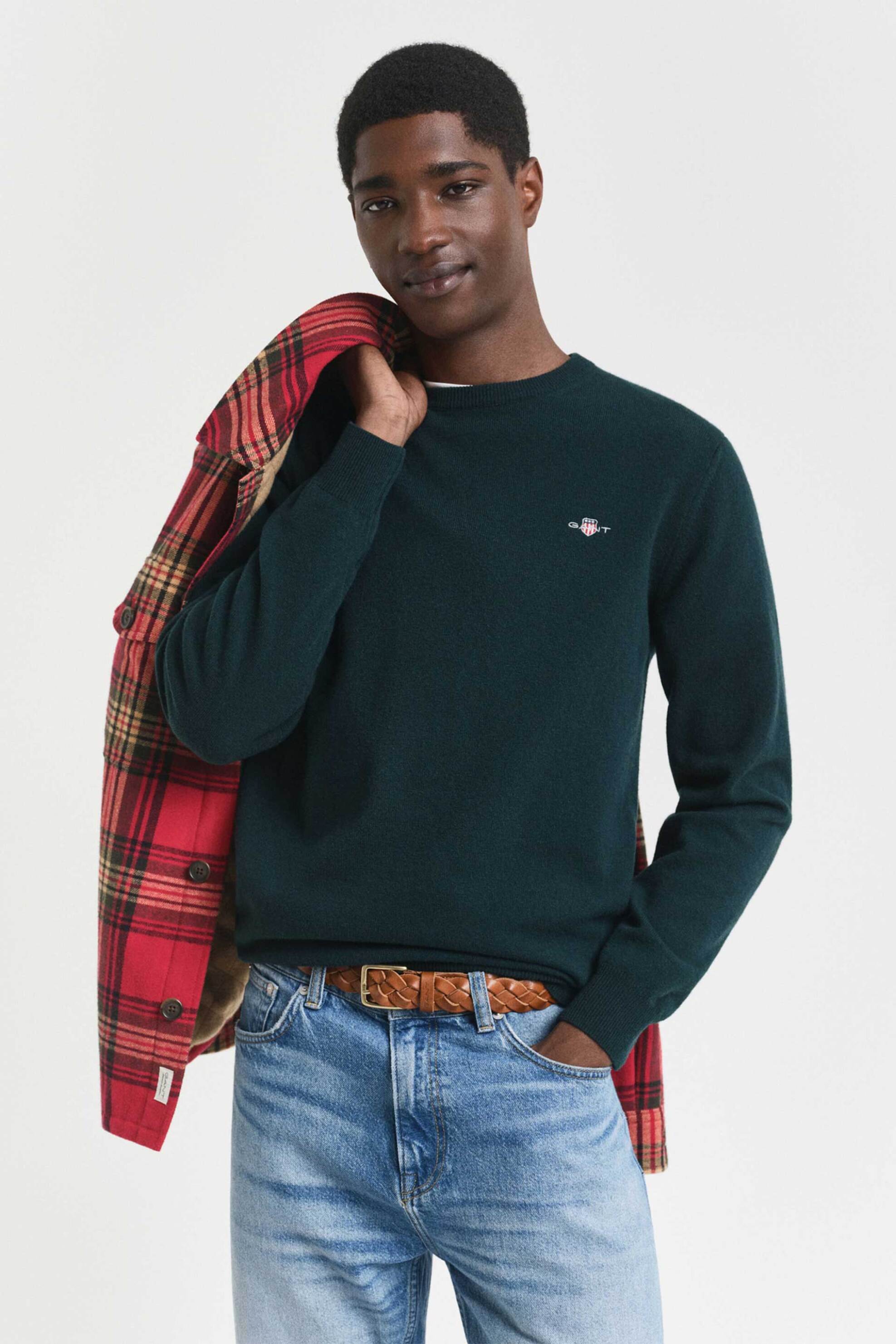 Gant ανδρικό μάλλινο πουλόβερ με κεντημένο λογότυπο Regular Fit - 87211 Πράσινο Σκούρο