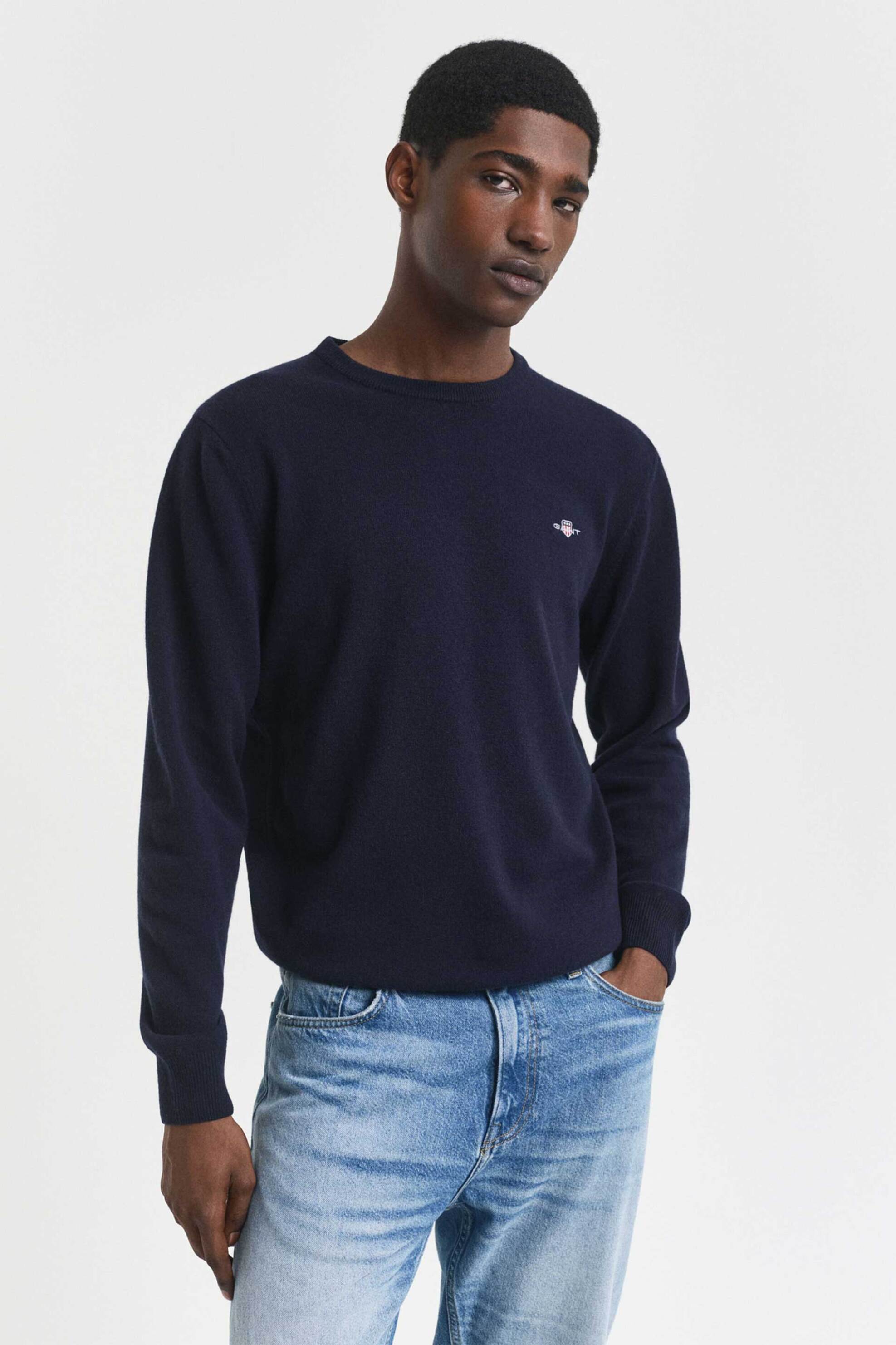 GANT Gant ανδρικό μάλλινο πουλόβερ με κεντημένο λογότυπο Regular Fit - 87211 Μπλε Σκούρο