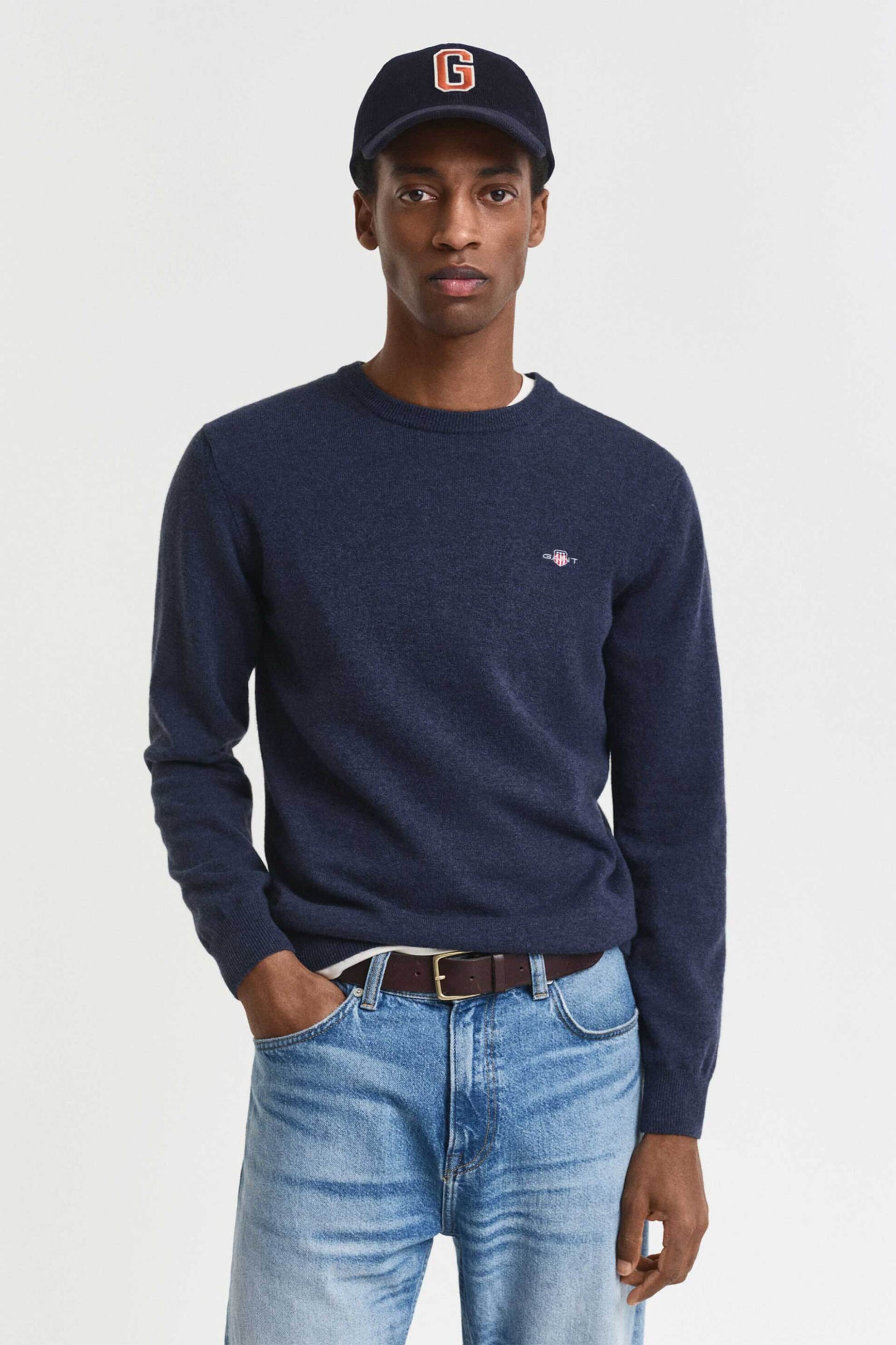 Gant ανδρικό μάλλινο πουλόβερ με κεντημένο λογότυπο Regular Fit - 87211 Μπλε Marine