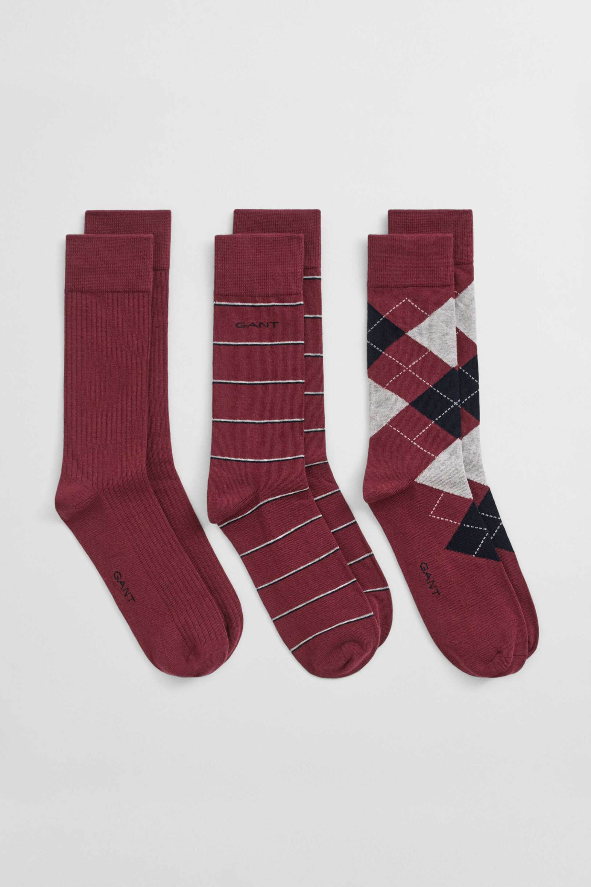 Gant σετ ανδρικές μακριές κάλτσες σε διάφορα σχέδια (3 ζευγάρια) - 9960334 Μπορντό