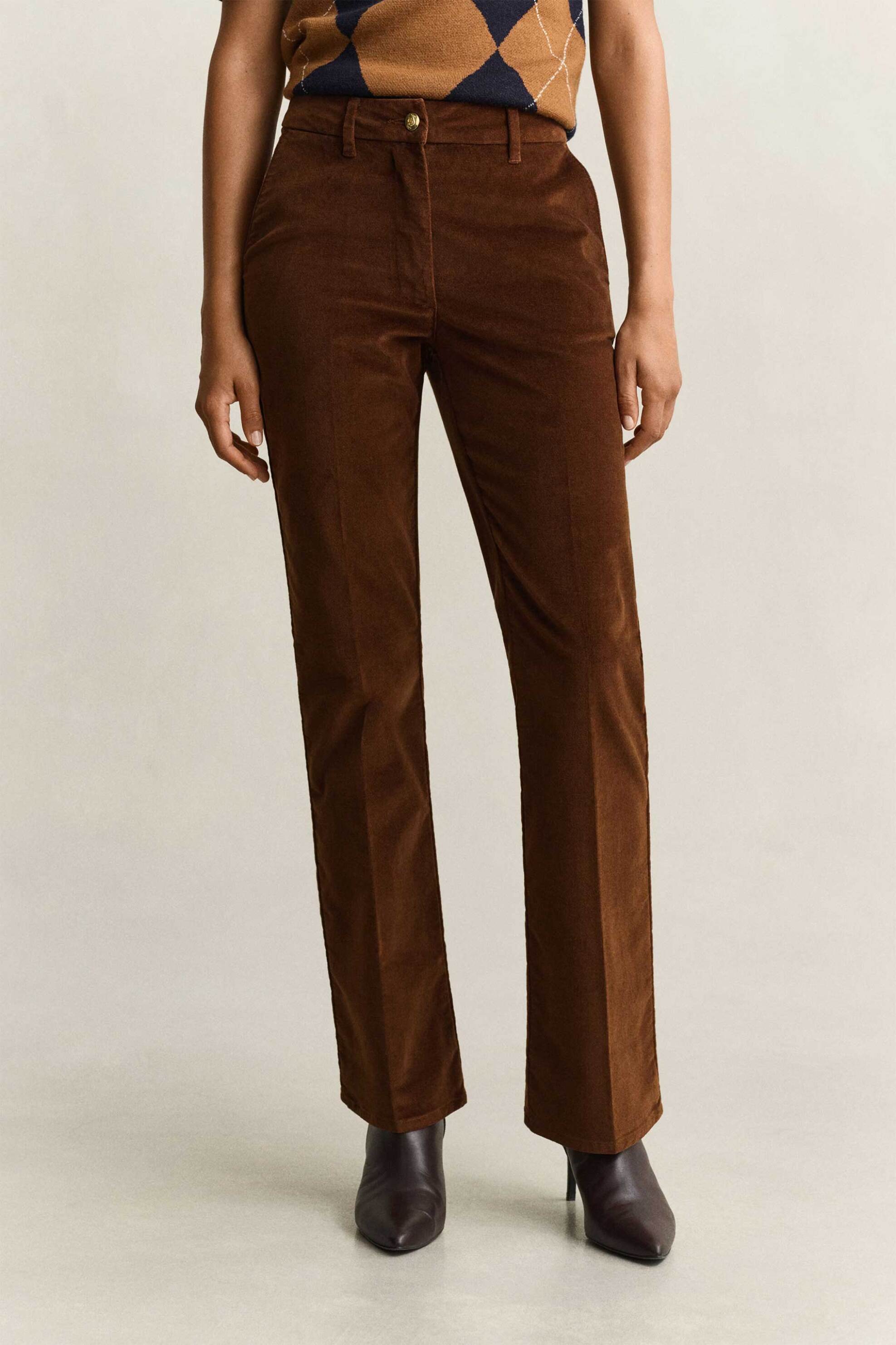 GANT Gant γυναικείο παντελόνι με βελούδινη υφή Flared Slim Fit - 4150420 Καφέ - 2