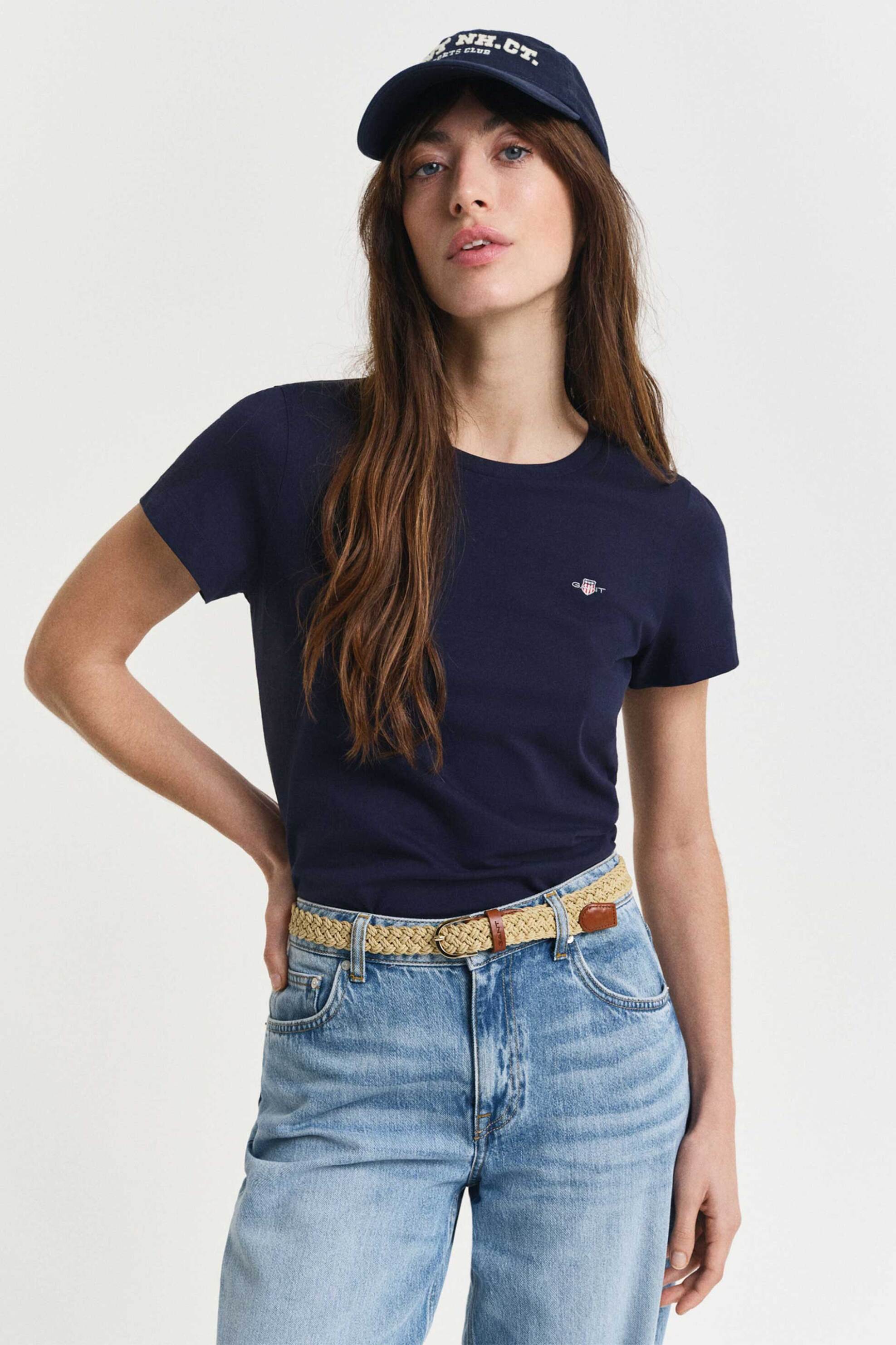 Gant γυναικείο T-shirt μονόχρωμο με κεντημένο λογότυπο Regular Fit - 4200200 Μπλε Σκούρο