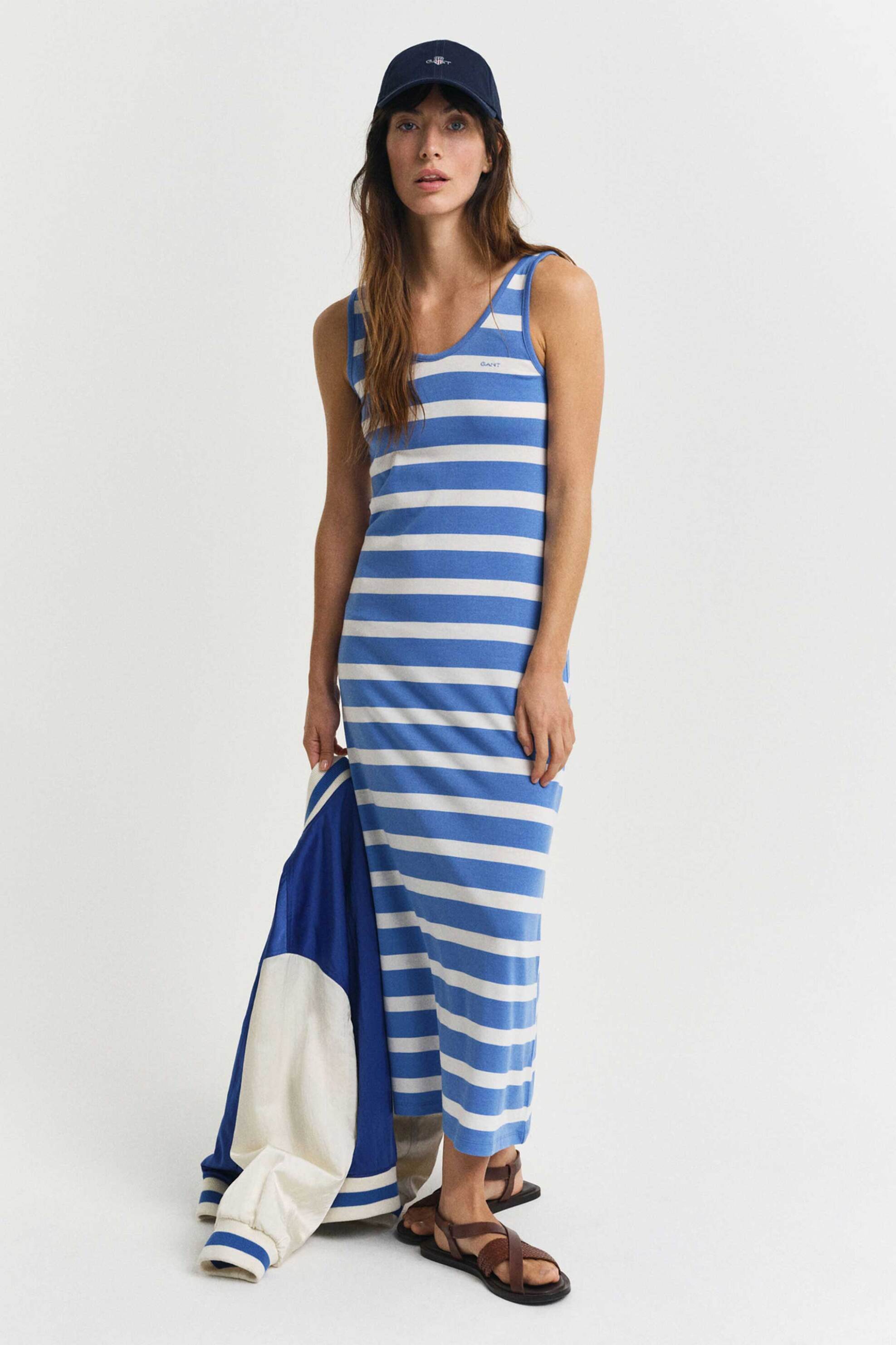 Gant γυναικείο midi φόρεμα αμάνικο με ριγέ σχέδιο και κεντημένο λογότυπο Regular Fit - 4200558 Μπλε Ανοιχτό