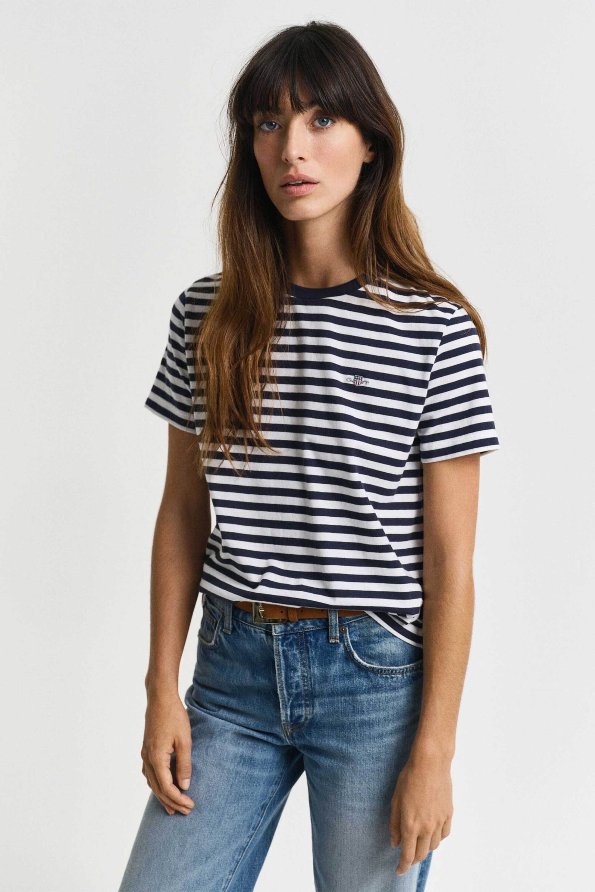 Gant γυναικείο T-shirt με ριγέ σχέδιο και κεντημένο λογότυπο Regular Fit - 4200564 Μπλε Σκούρο