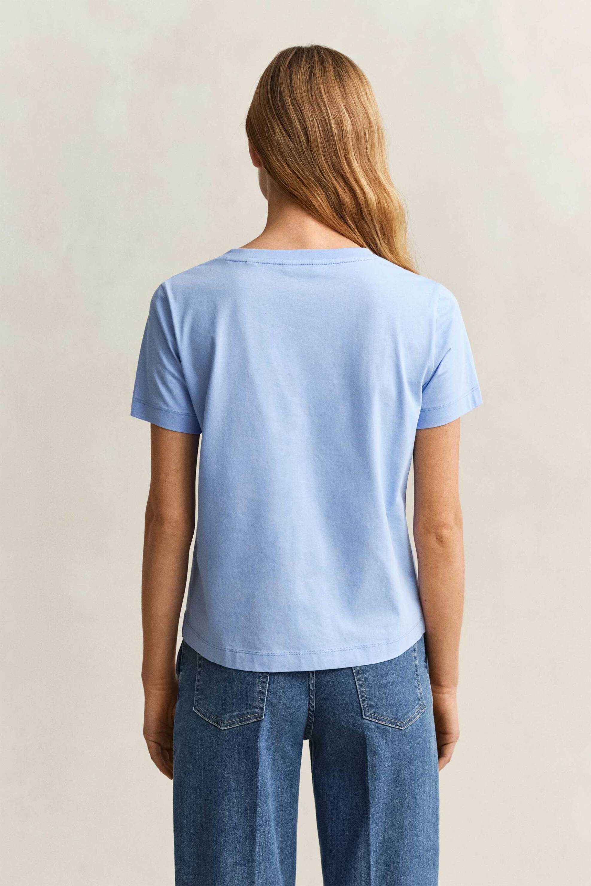 Gant Γυναικείο T-Shirt με V Και Κεντημένο Λογότυπο Regular Fit - 4200750 Γαλάζιο