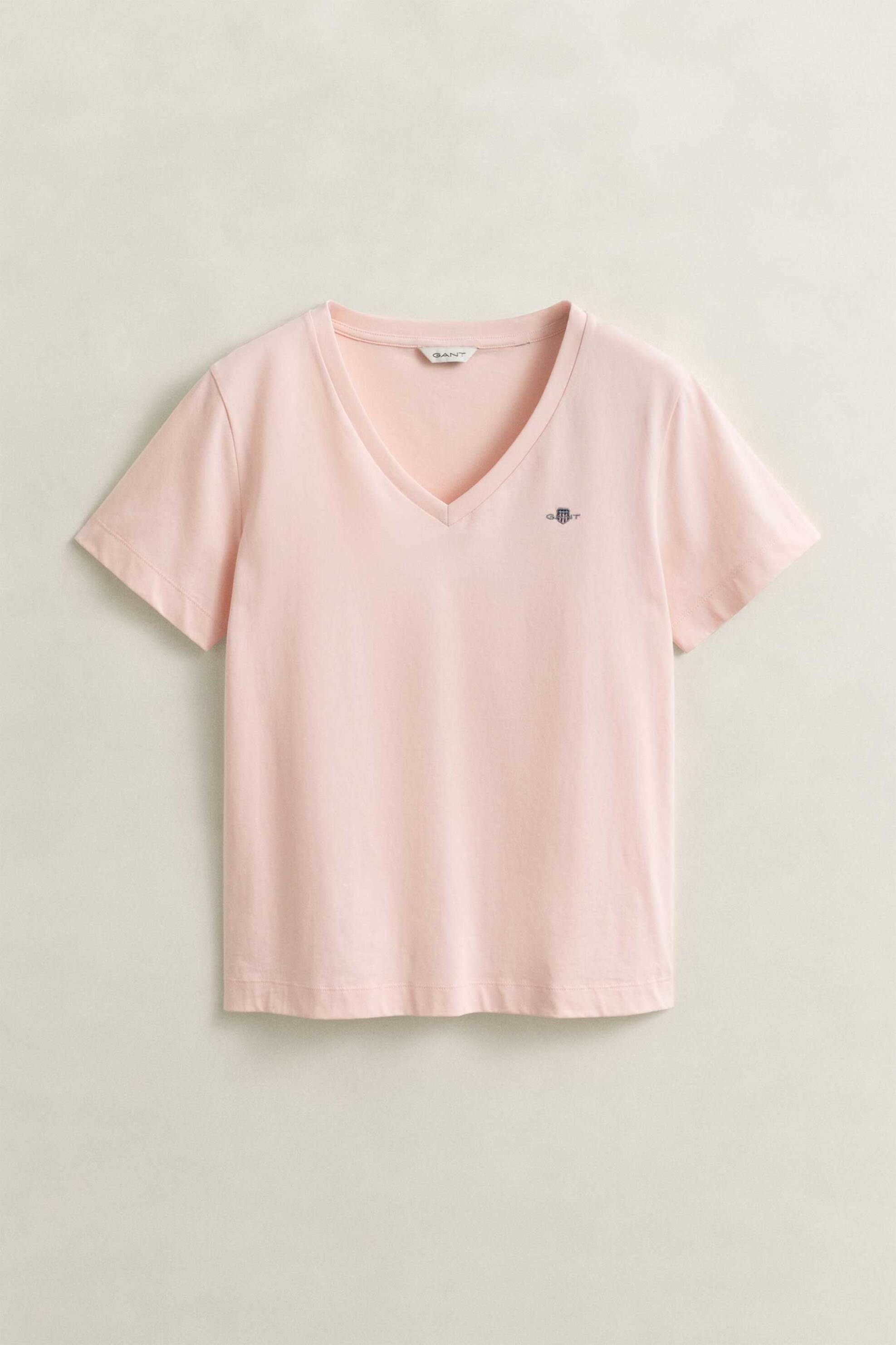 Gant Γυναικείο T-Shirt με V Και Κεντημένο Λογότυπο Regular Fit - 4200750 Ροζ Ανοιχτό