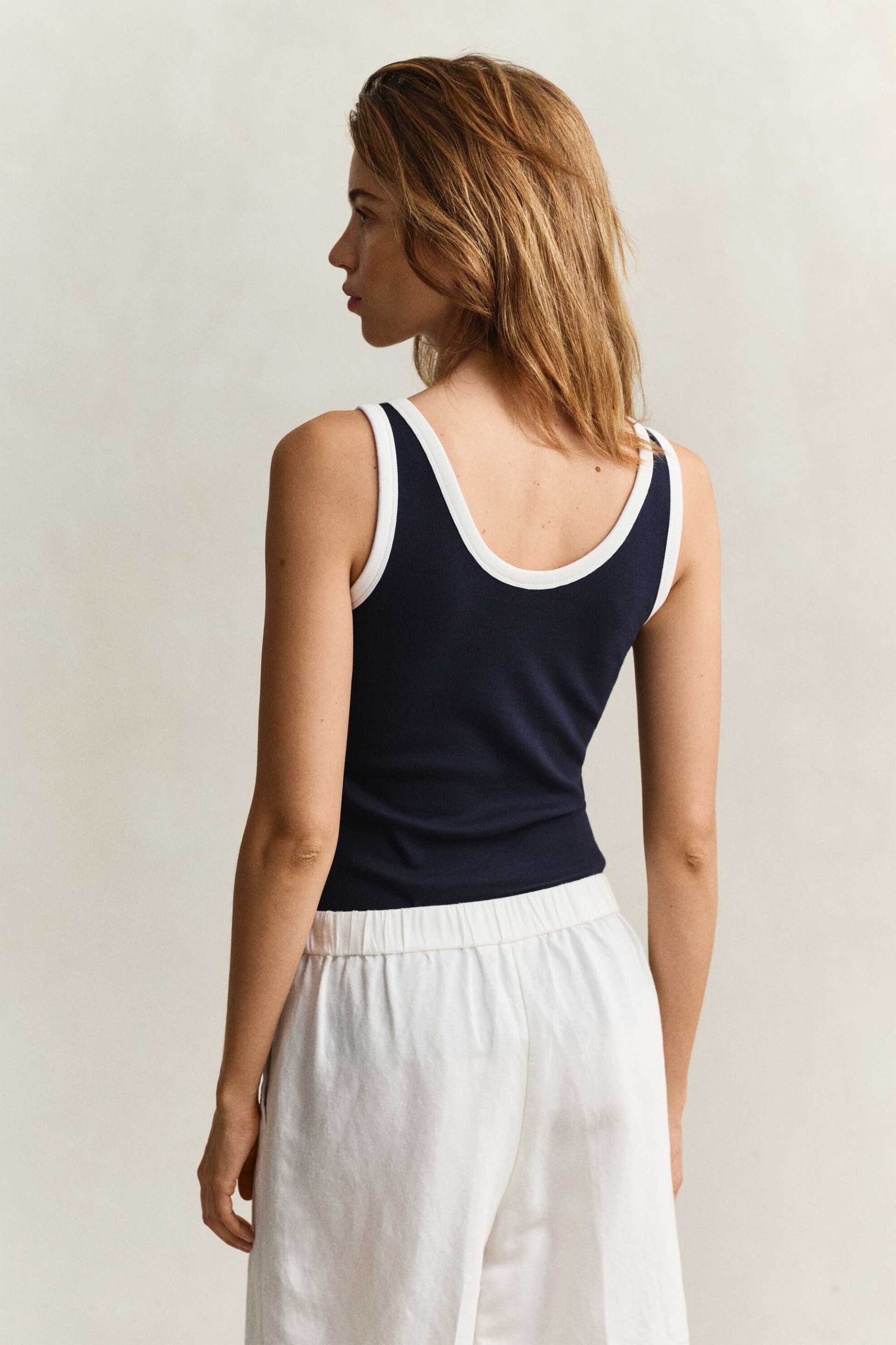 Gant Γυναικείο Αμάνικο Τοπ Ribbed με Contrast Trims Slim Fit - 4201341 Μπλε Σκούρο
