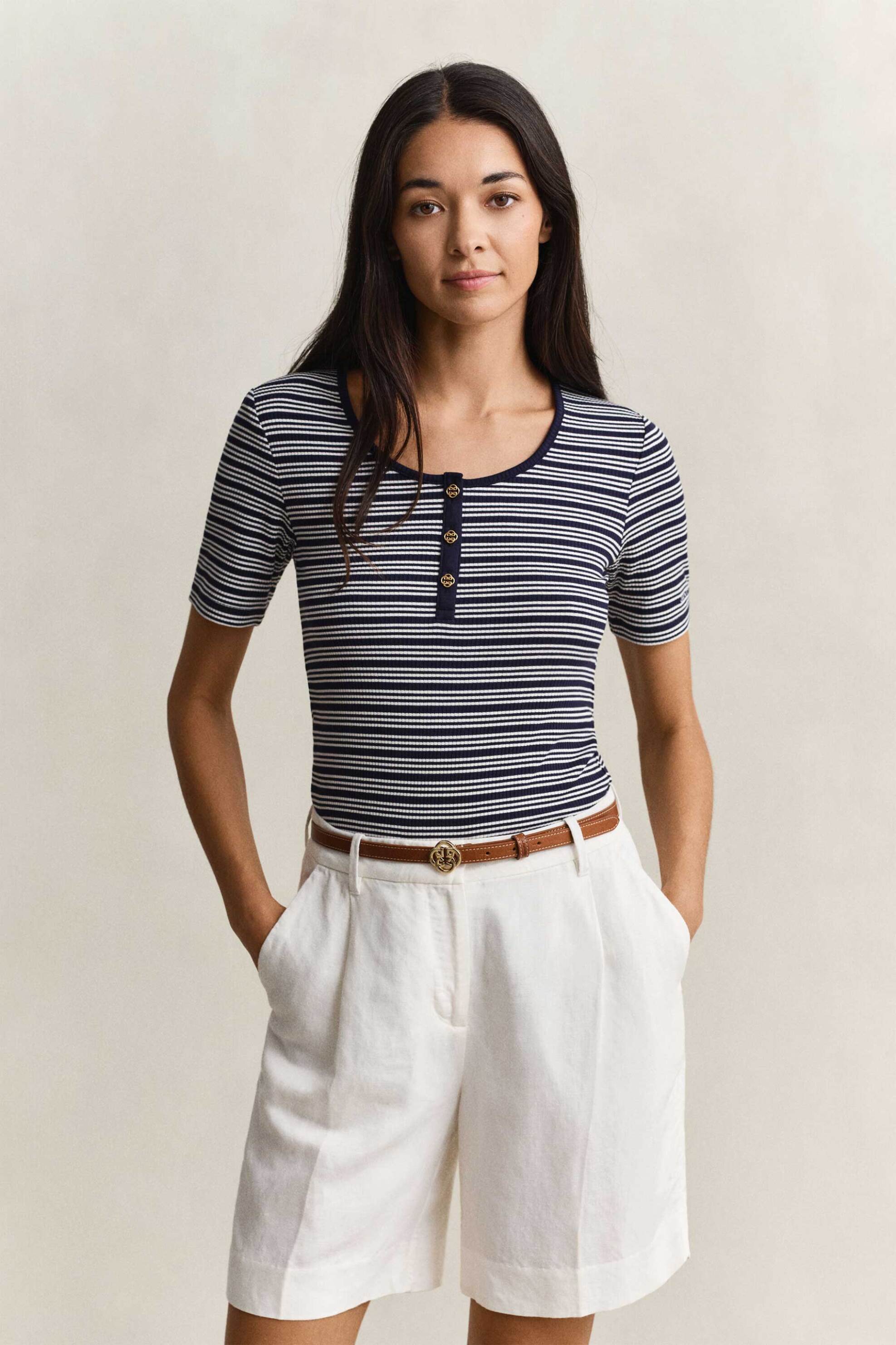 Gant γυναικεία μπλούζα henley ribbed με ριγέ σχέδιο Slim Fit - 4201438 Μπλε Σκούρο