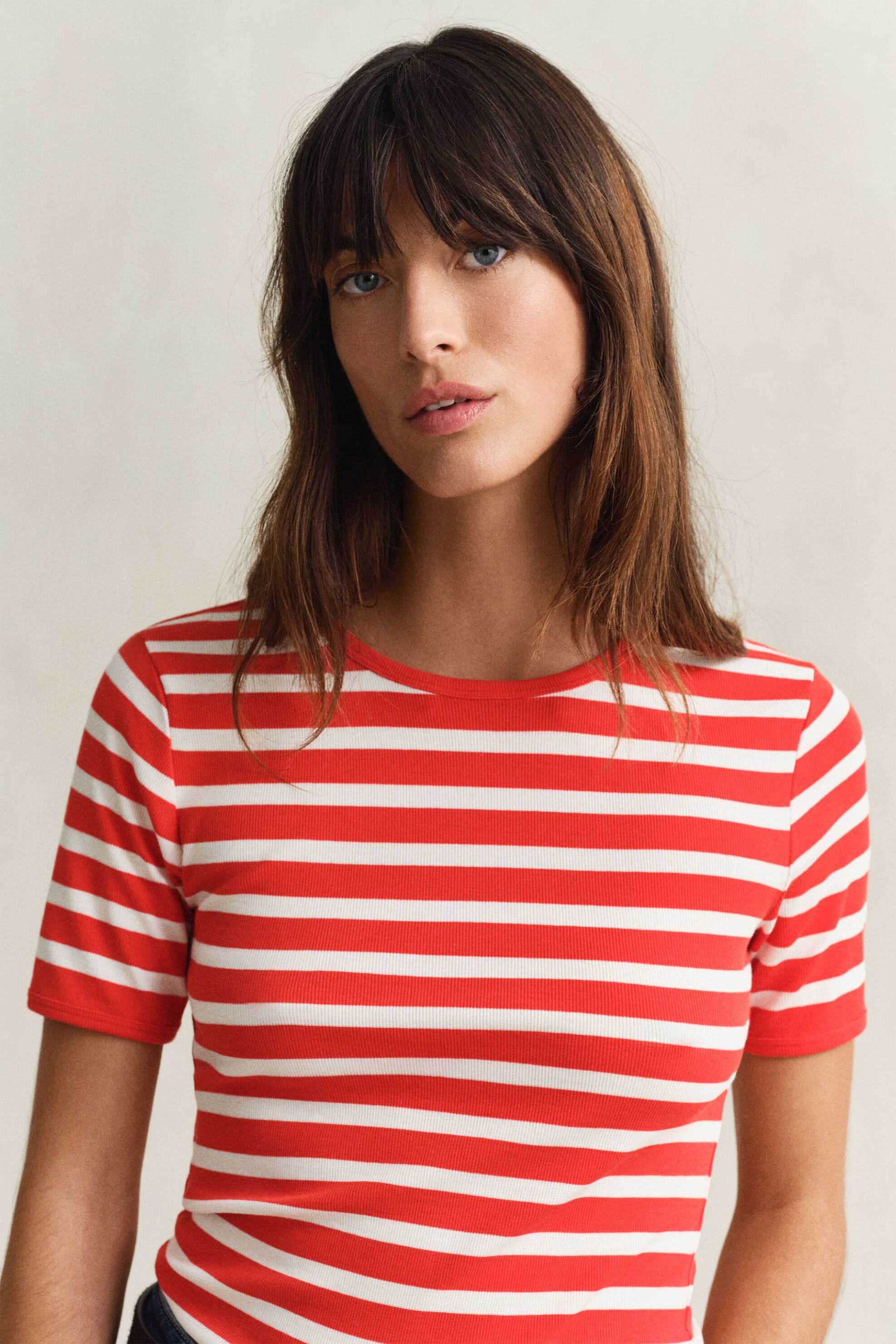 Gant γυναικείο T-shirt ribbed με ριγέ σχέδιο Slim Fit - 4201493 Κοραλί