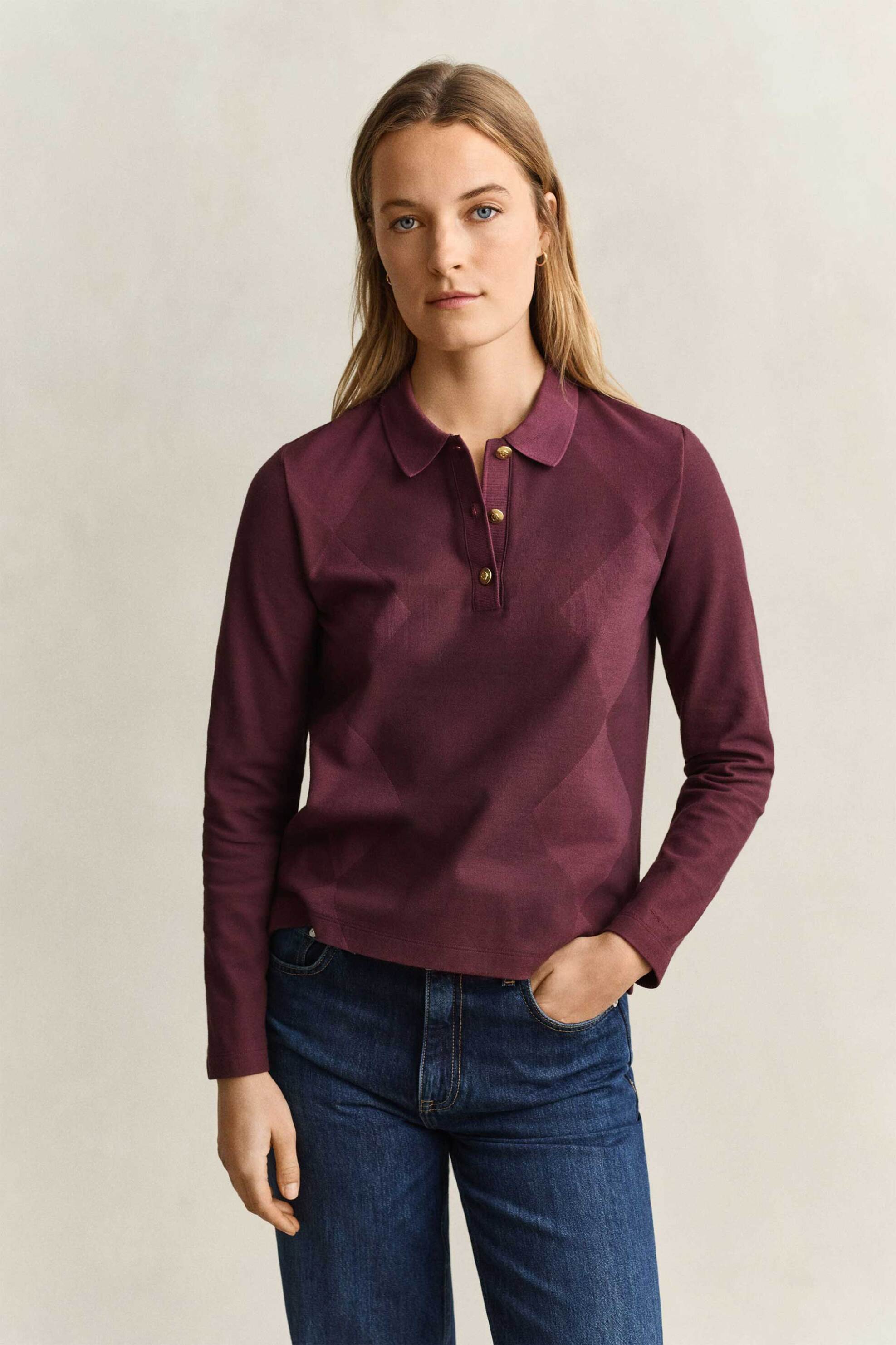 Gant γυναικεία μπλούζα πόλο με argyle pattern Regular Fit - 4201610 Μπορντό Σκούρο
