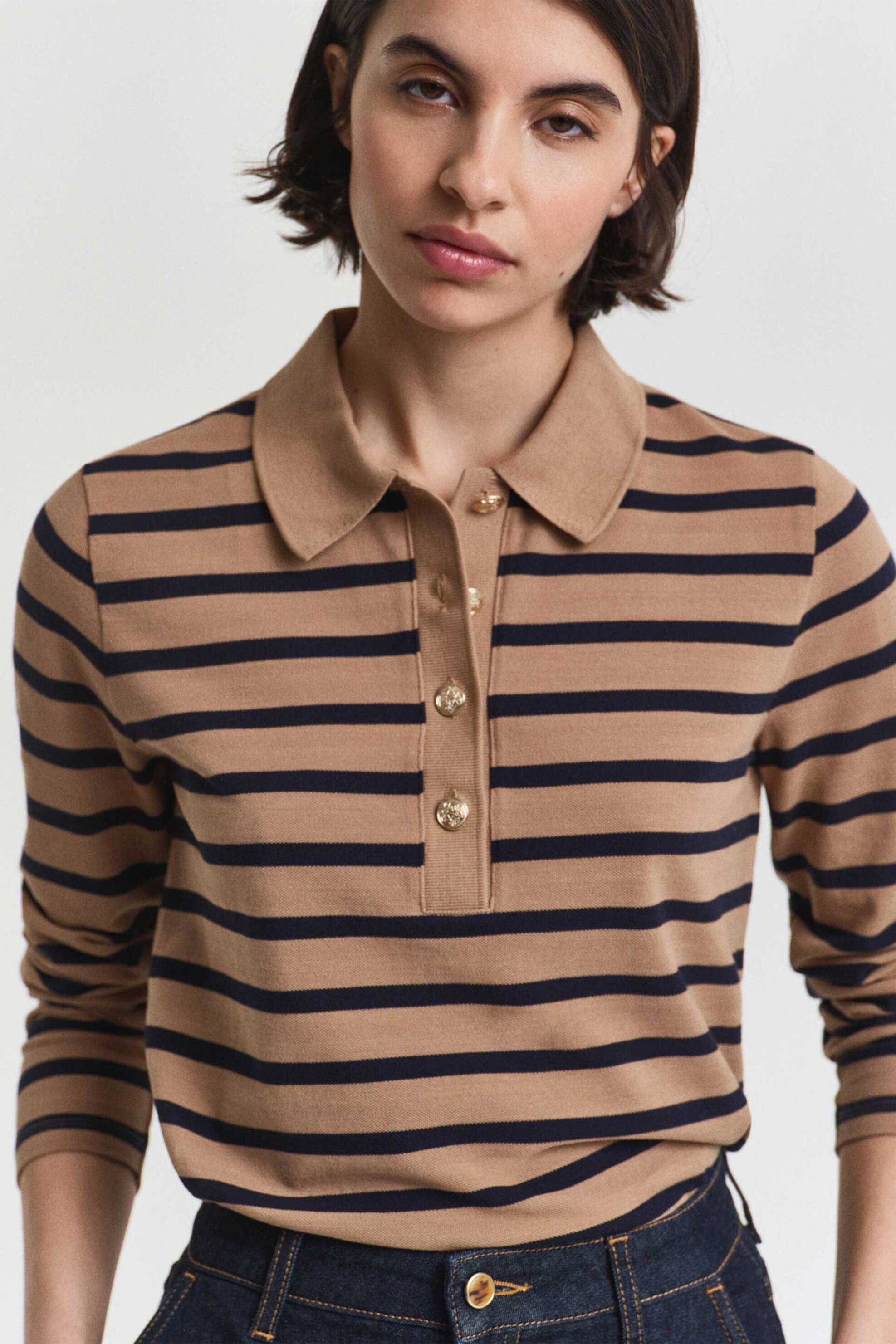 Gant γυναικεία μπλούζα πόλο ριγέ με χρυσά κουμπιά - 4202632 Μπεζ φωτογραφία