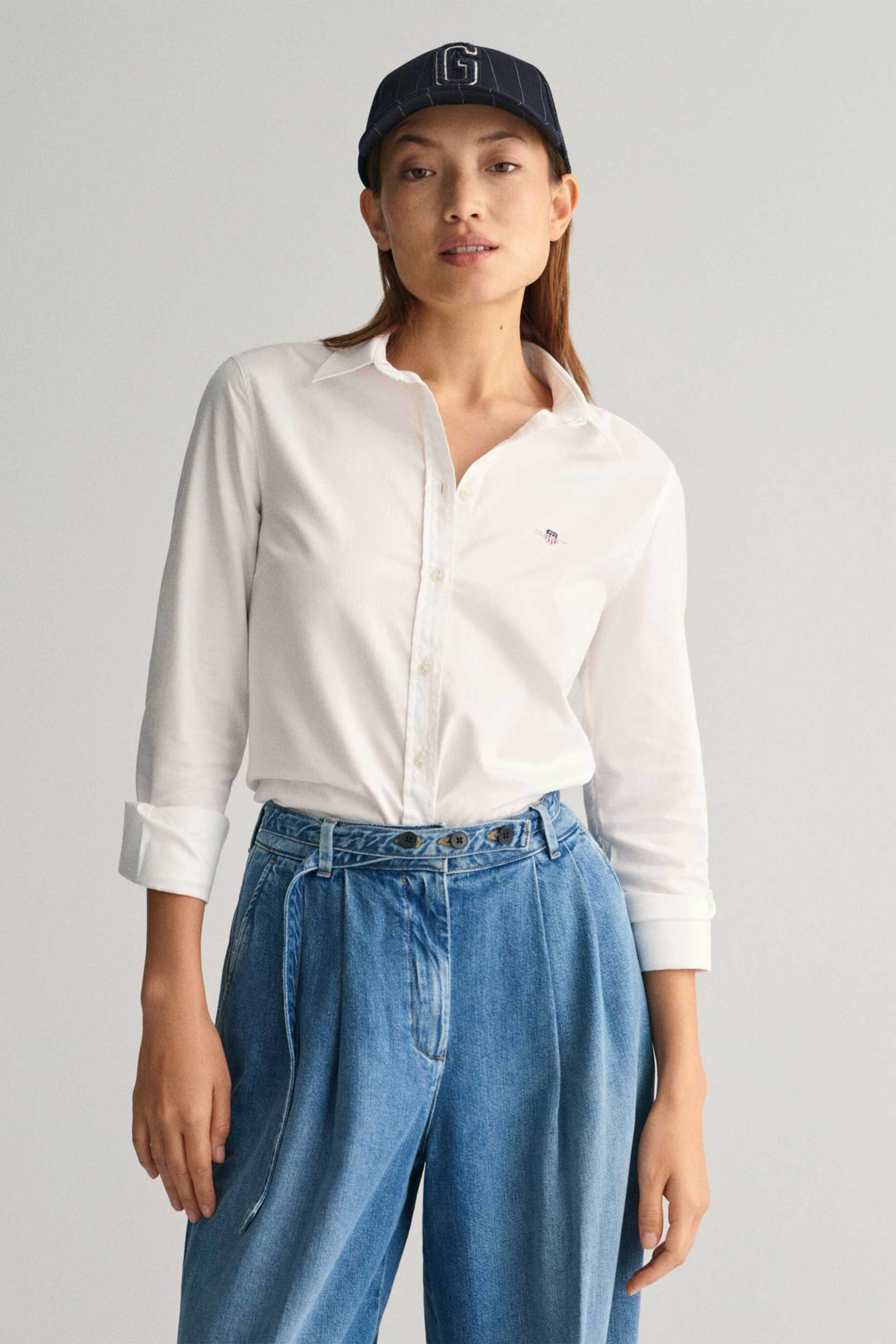 Gant γυναικείο βαμβακερό πουκάμισο μονόχρωμο με κεντημένο λογότυπο - 4300141 Λευκό