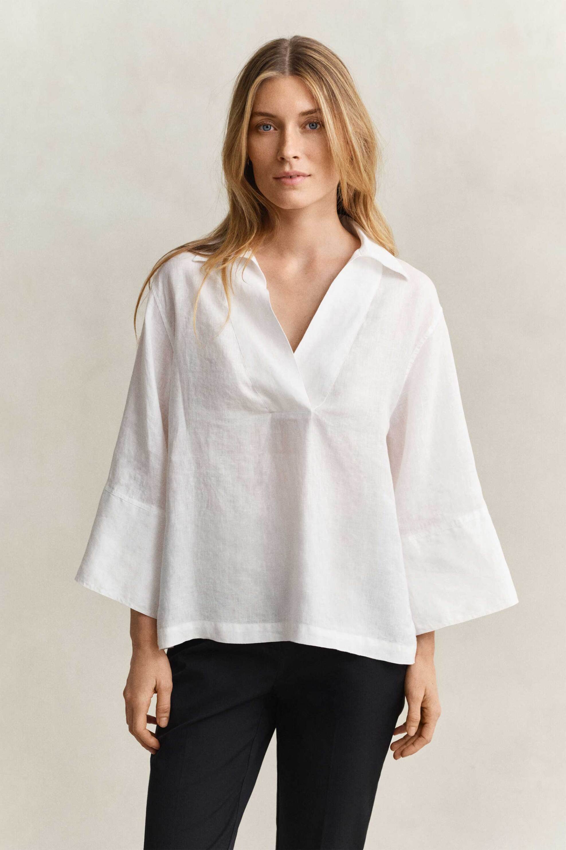 Gant γυναικεία λινή μπλούζα με V και μανίκι 3/4 Relaxed Fit - 4300633 Λευκό