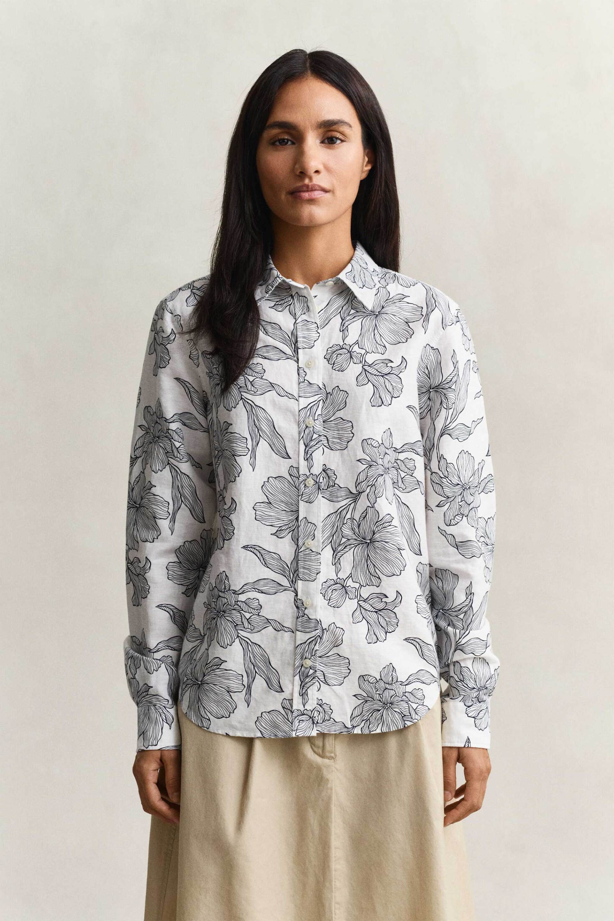 Gant γυναικείο πουκάμισο με λινάρι και floral print Regular Fit - 4300637 Μπλε Σκούρο
