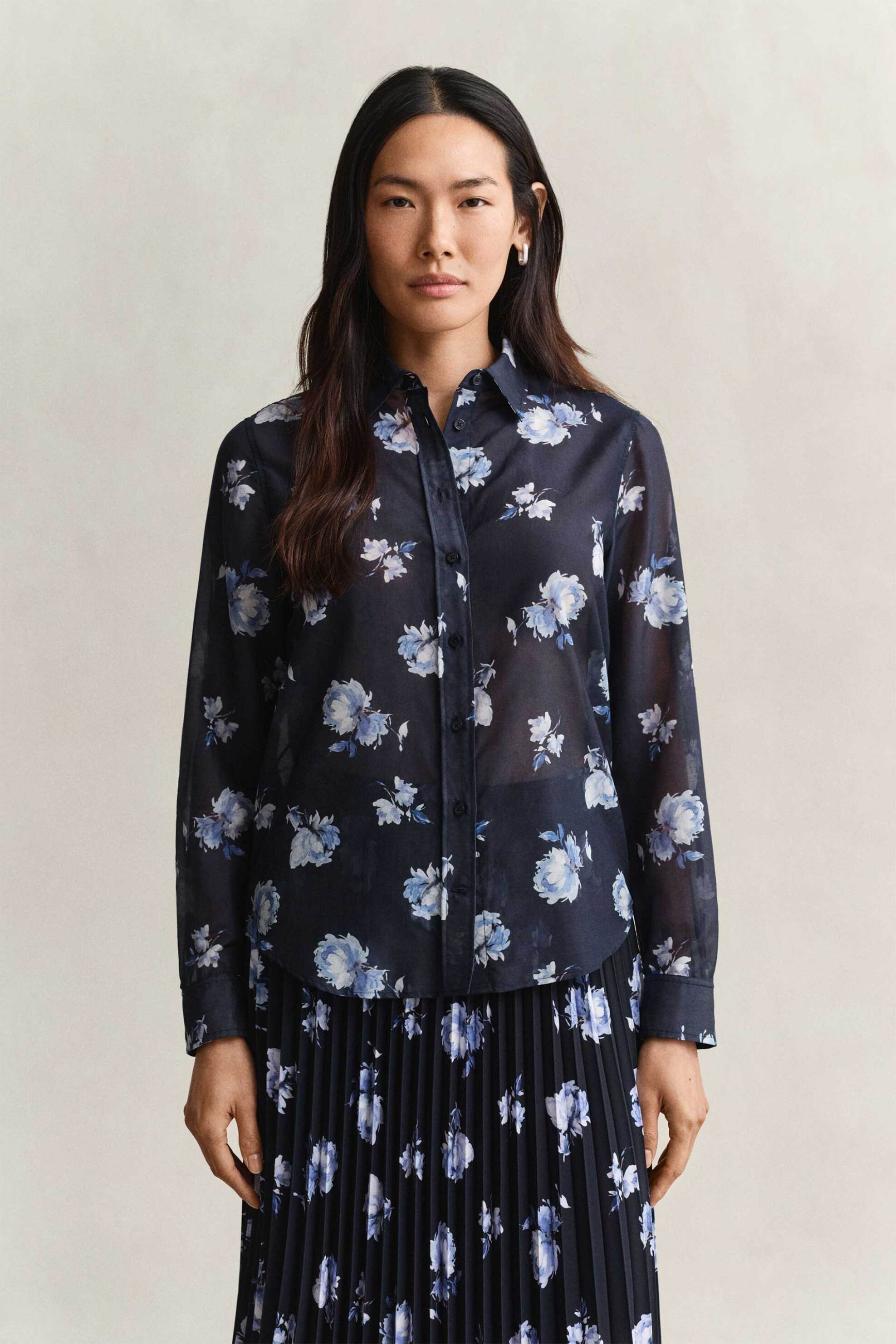 Gant γυναικείο πουκάμισο με μετάξι και floral print Regular Fit - 4300727 Μπλε Σκούρο