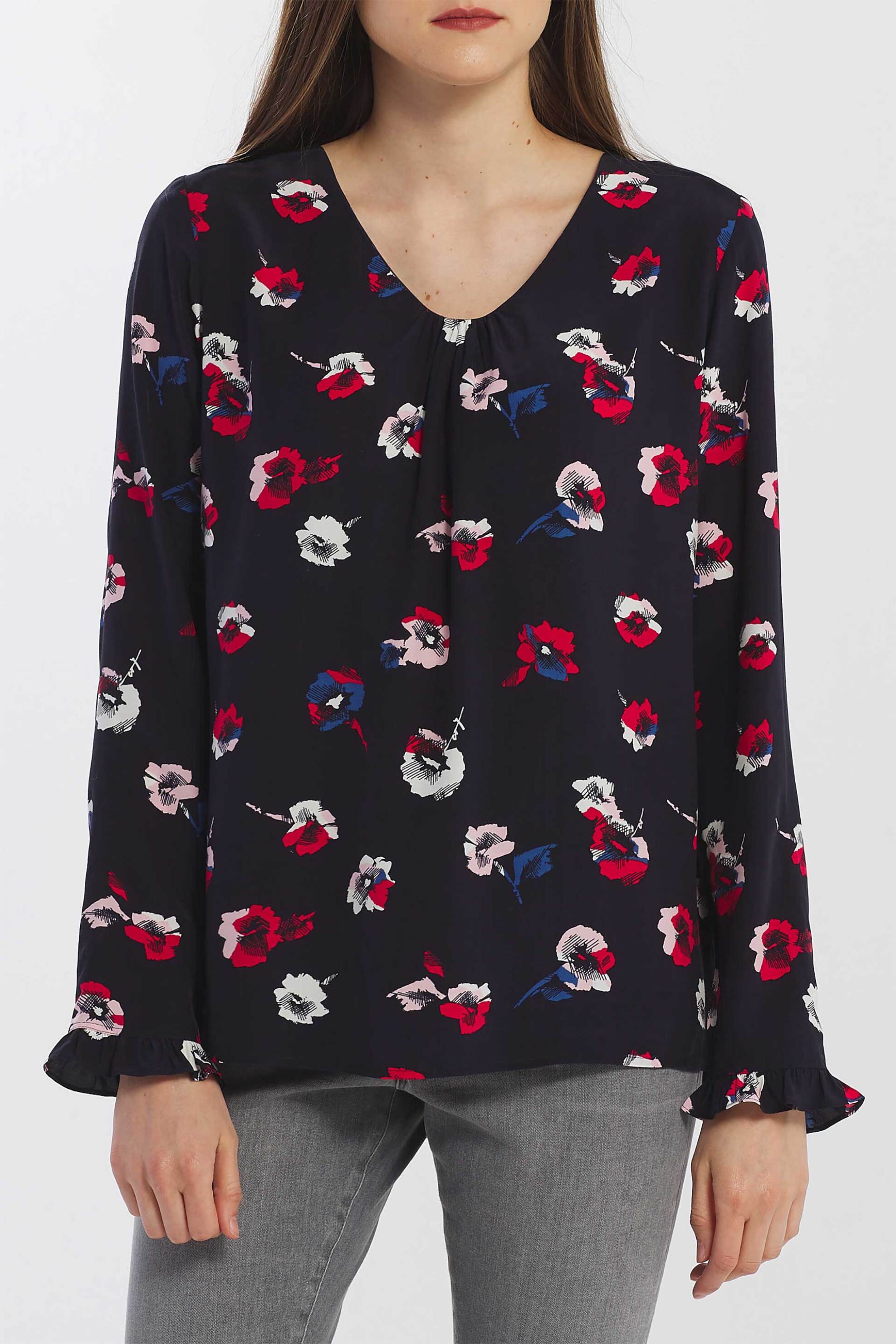 Gant γυναικεία μπλούζα με all-over floral print και σχέδιο με σούρες - 4301088 Μπλε Σκούρο