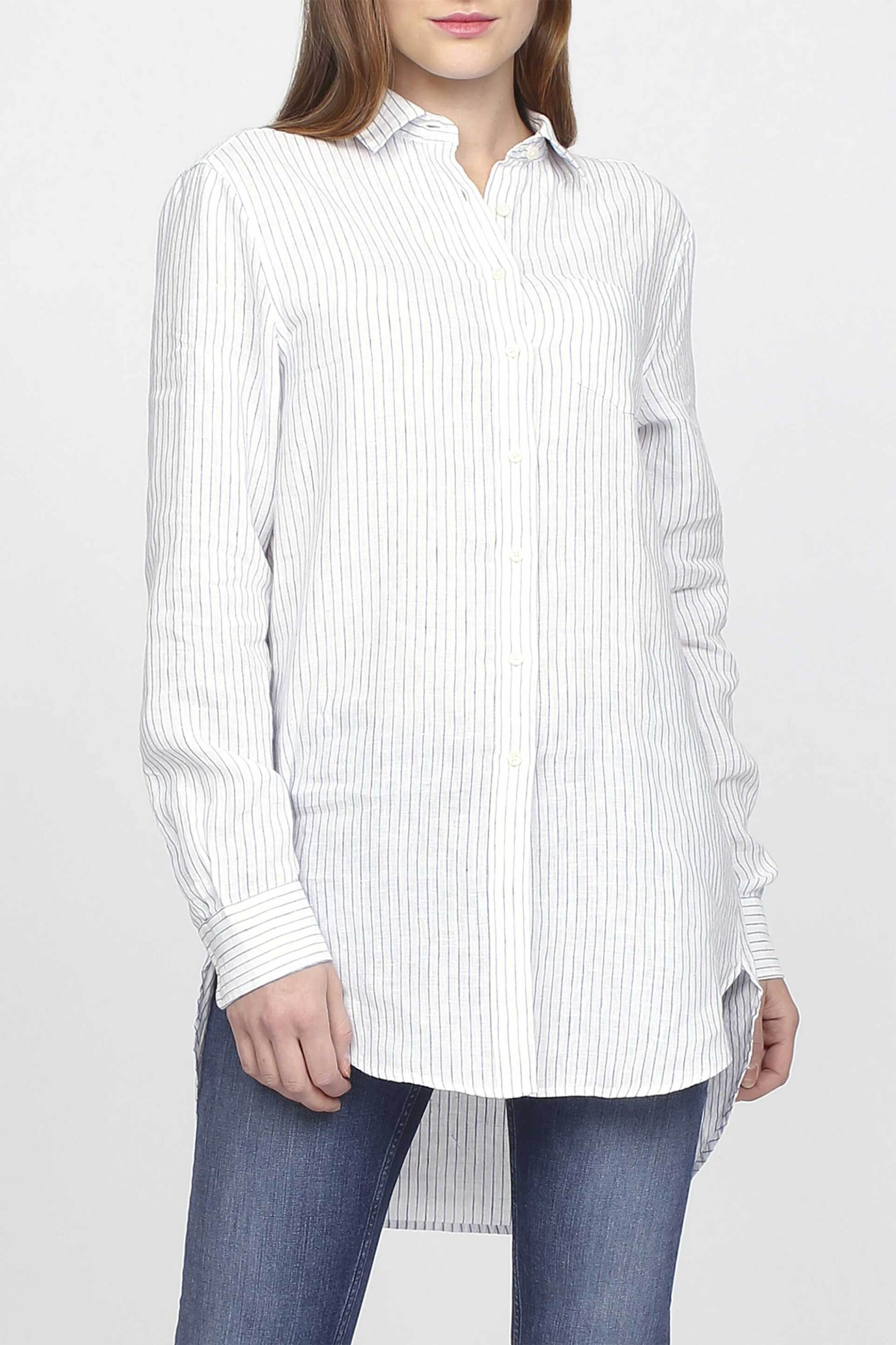 Gant γυναικείο λινό πουκάμισο με ριγέ σχέδιο και ασύμμετρο τελείωμα - 4321005 Λευκό