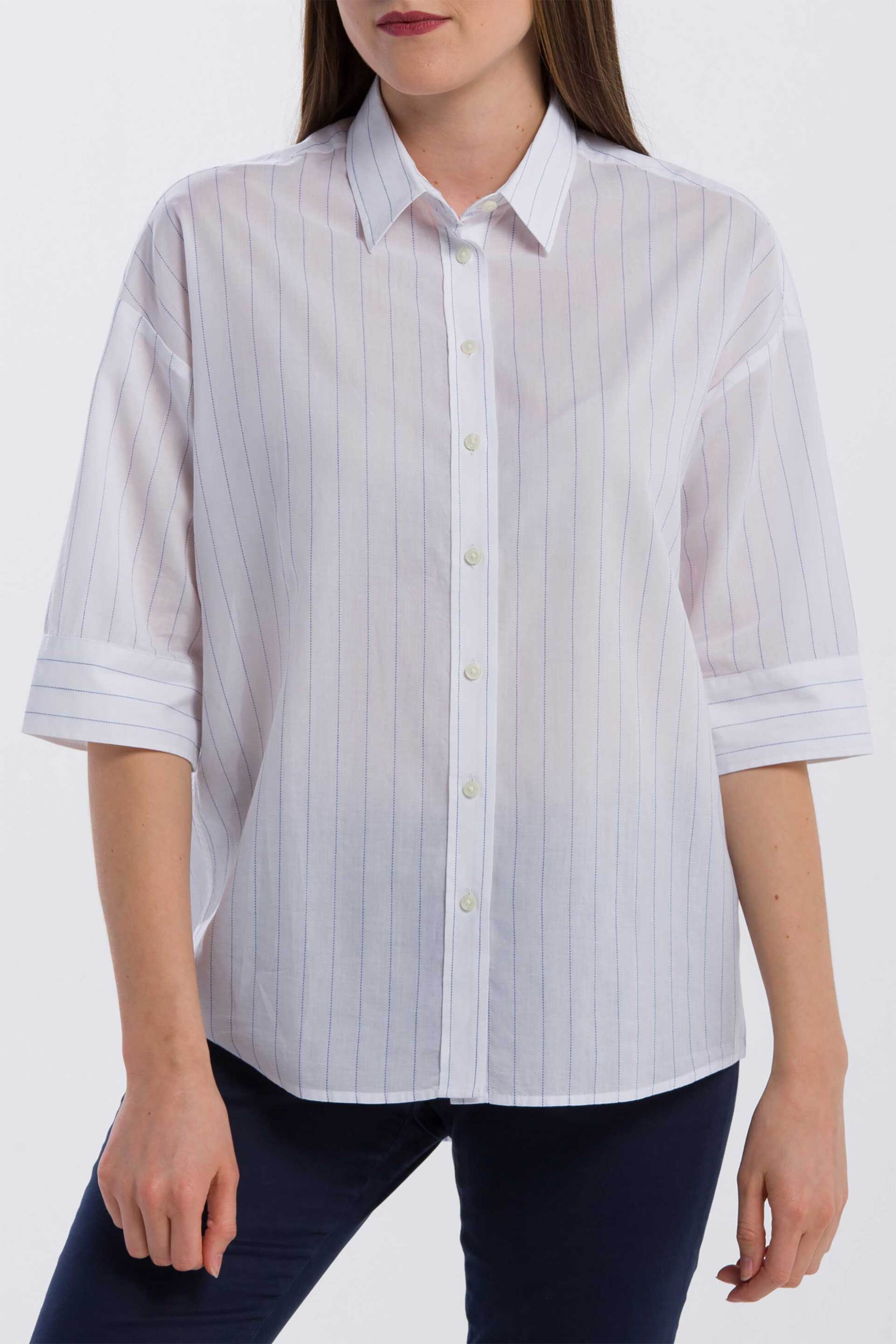Gant γυναικείο βαμβακερό πουκάμισο με ψιλό ριγέ σχέδιο και κεντημένη λεπτομέρεια - 4322022 Λευκό