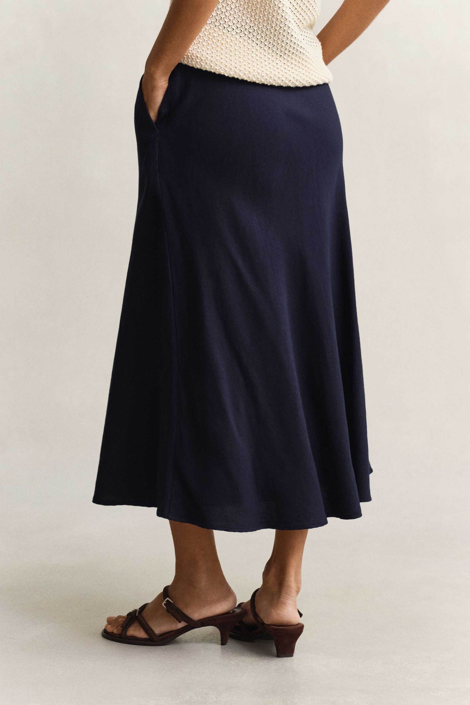 Gant Γυναικεία Midi Φούστα Ψηλόμεση με Λινάρι Relaxed Fit - 4400231 Μπλε Σκούρο
