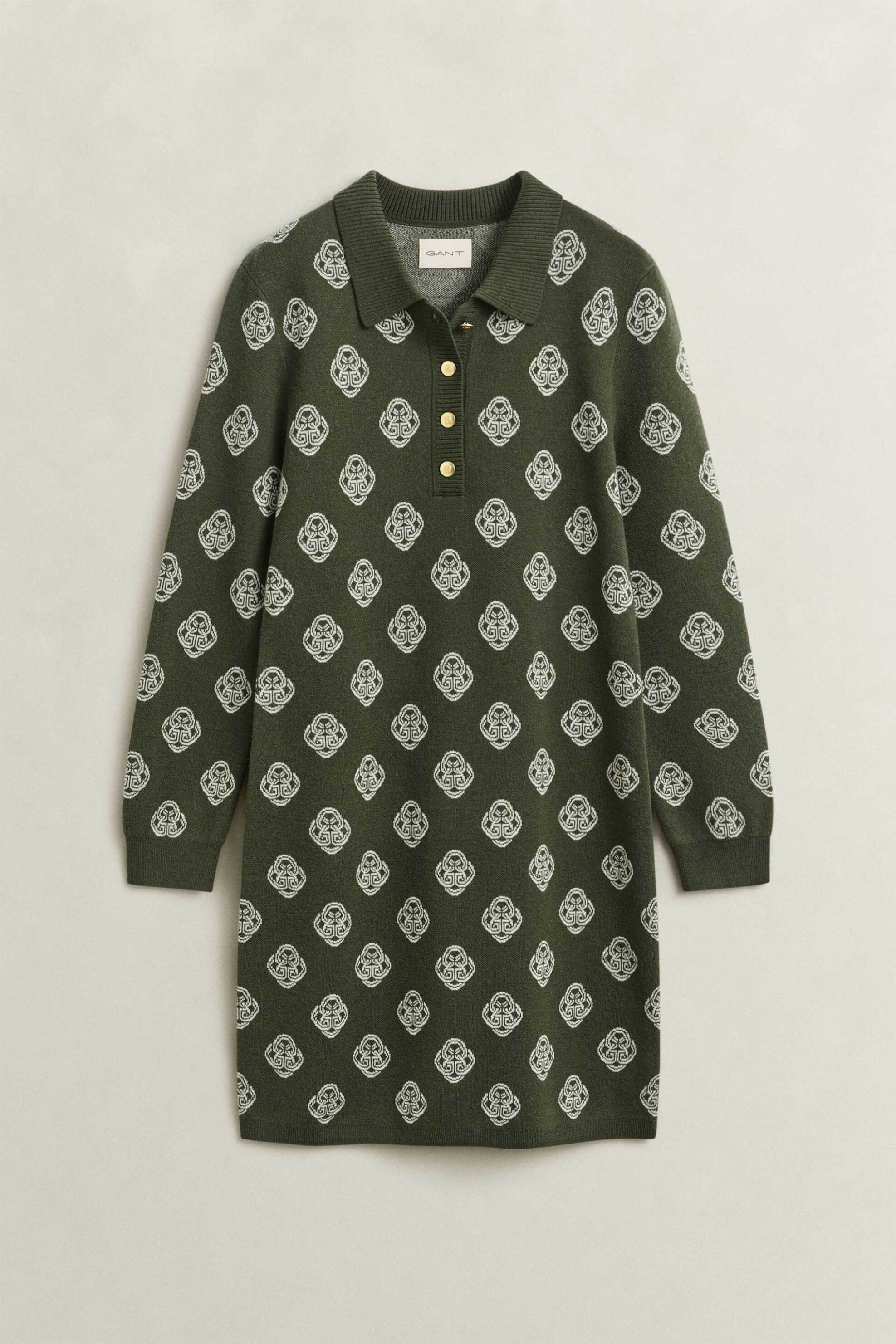Gant γυναικείο μάλλινο mini φόρεμα πόλο με all-over monogram pattern Regular Fit - 4502113 Χακί Nivo