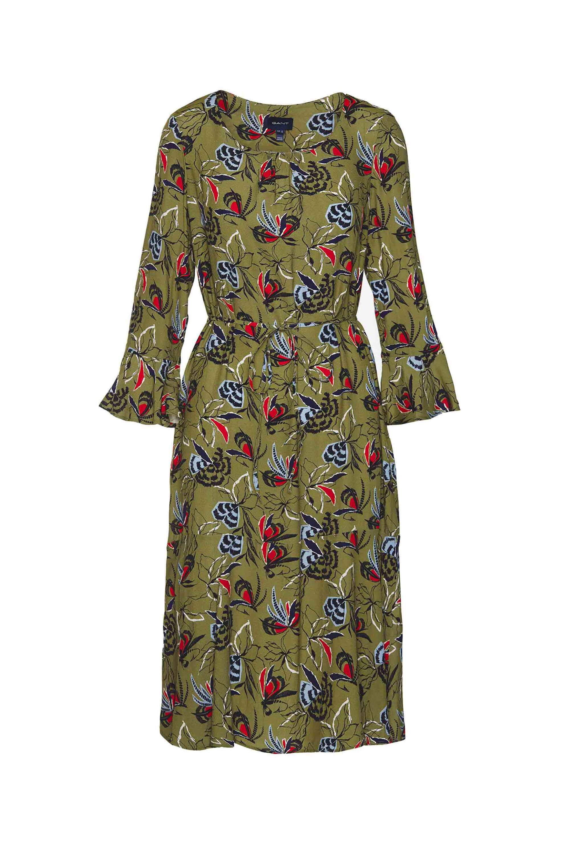 Gant Γυναικείο Midi Φόρεμα από Βισκόζη με All-Over Floral Και Fly Fish Print - 4503069 Λαδί