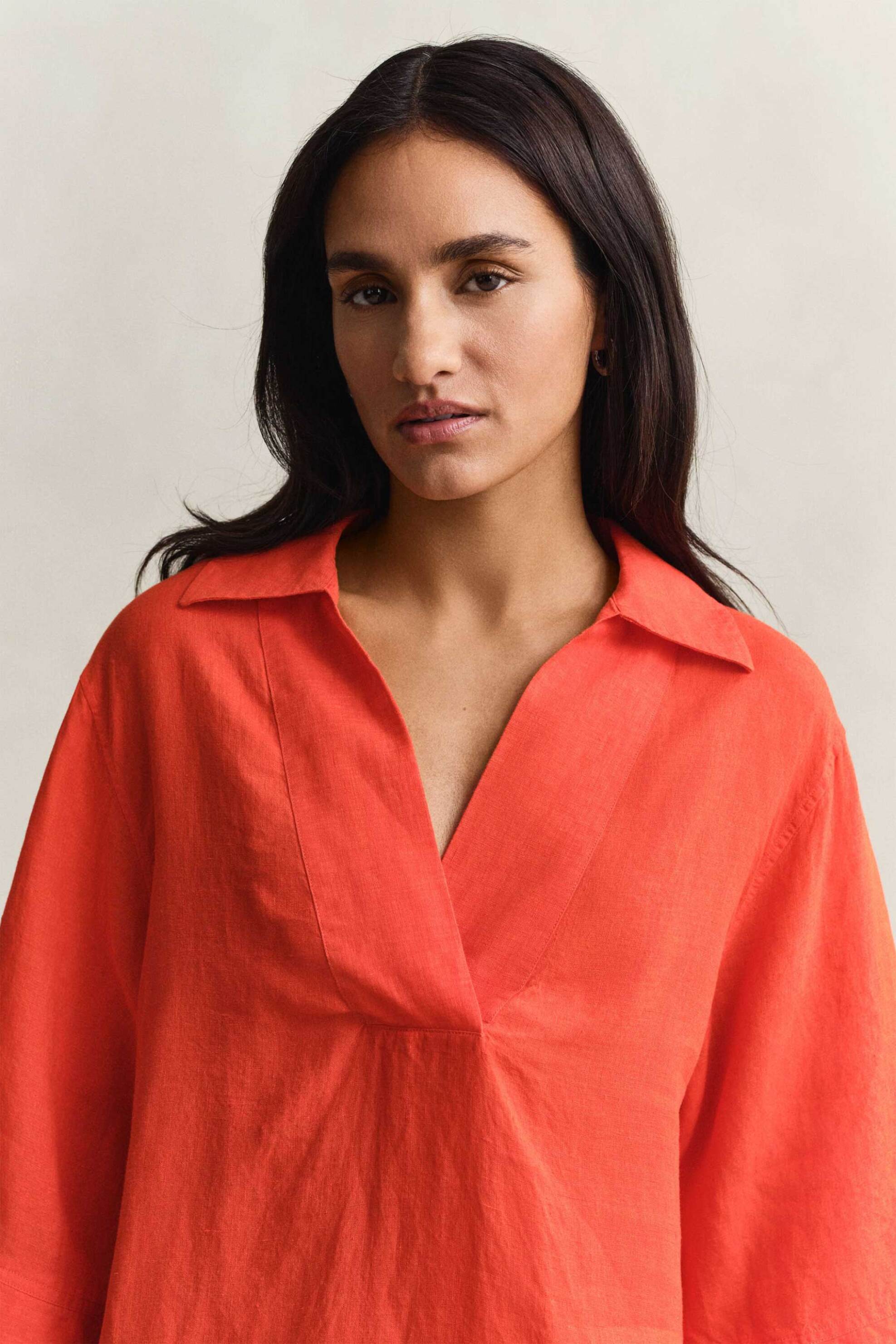 GANT Gant γυναικείο λινό mini φόρεμα με μανίκι 3/4 Relaxed Fit - 4503508 Κοραλί - 2