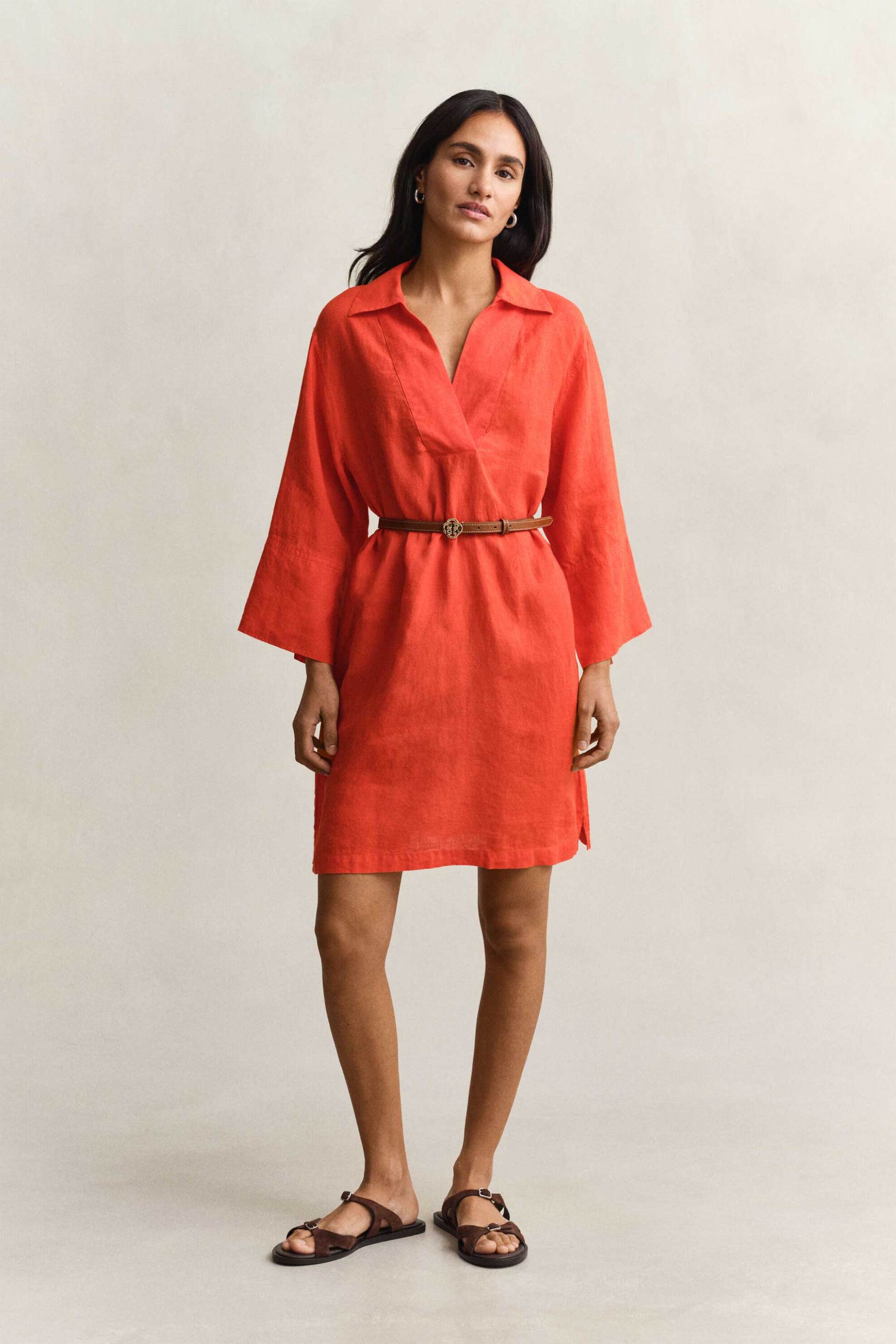 GANT Gant γυναικείο λινό mini φόρεμα με μανίκι 3/4 Relaxed Fit - 4503508 Κοραλί - 3