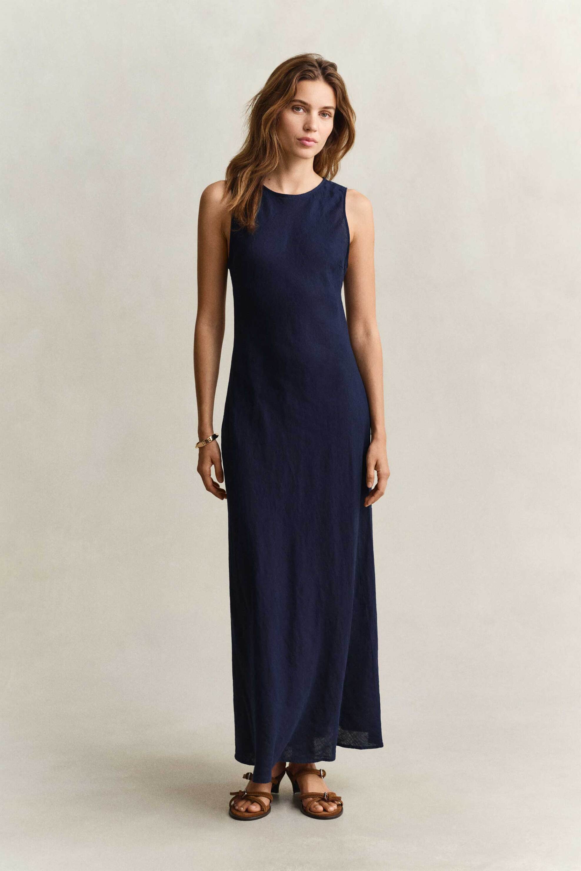Gant γυναικείο λινό maxi φόρεμα αμάνικο Slim Fit - 4503525 Μπλε Σκούρο