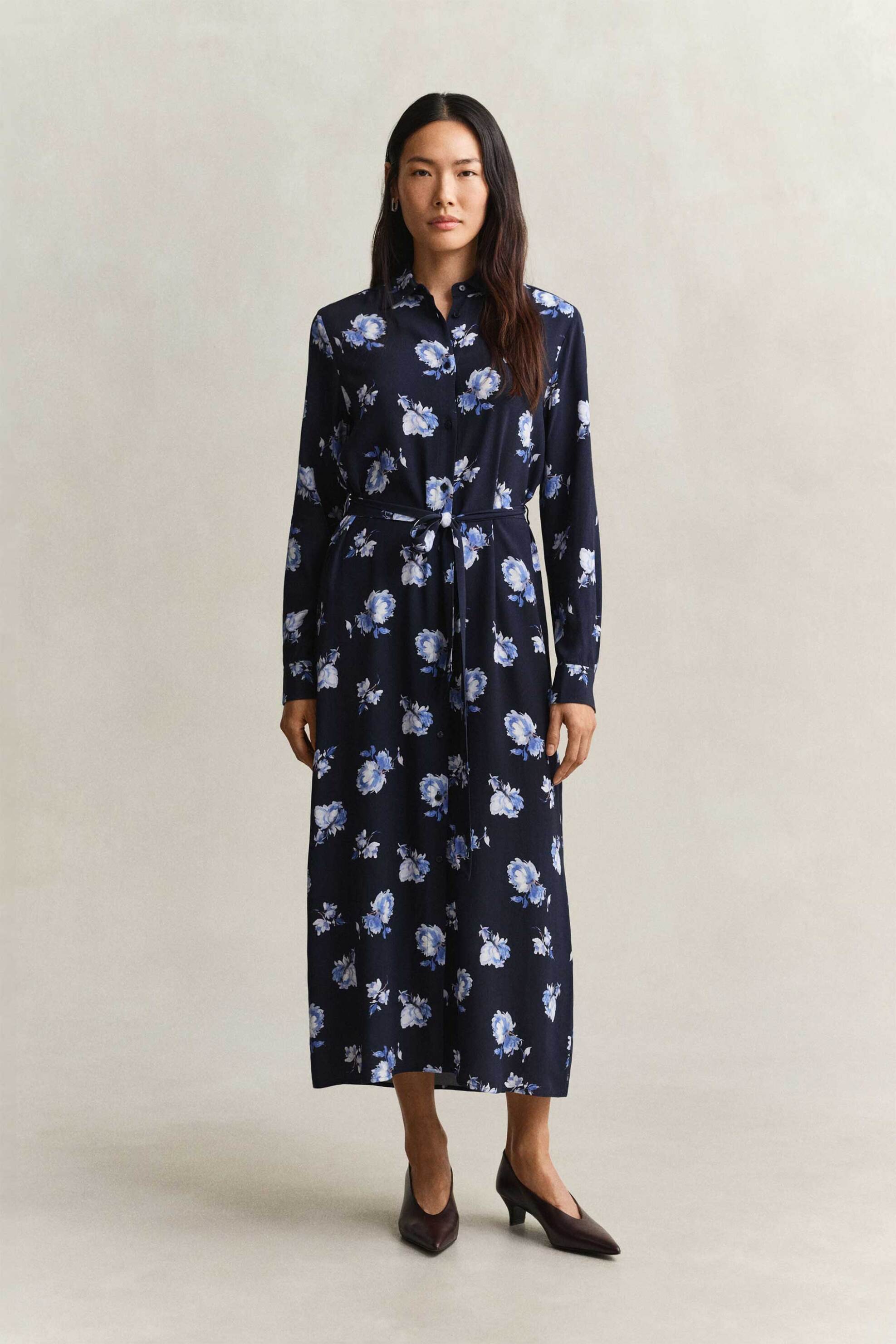 Gant γυναικείο midi φόρεμα σεμιζιέ με floral print και ζώνη Regular Fit - 4503541 Μπλε Σκούρο