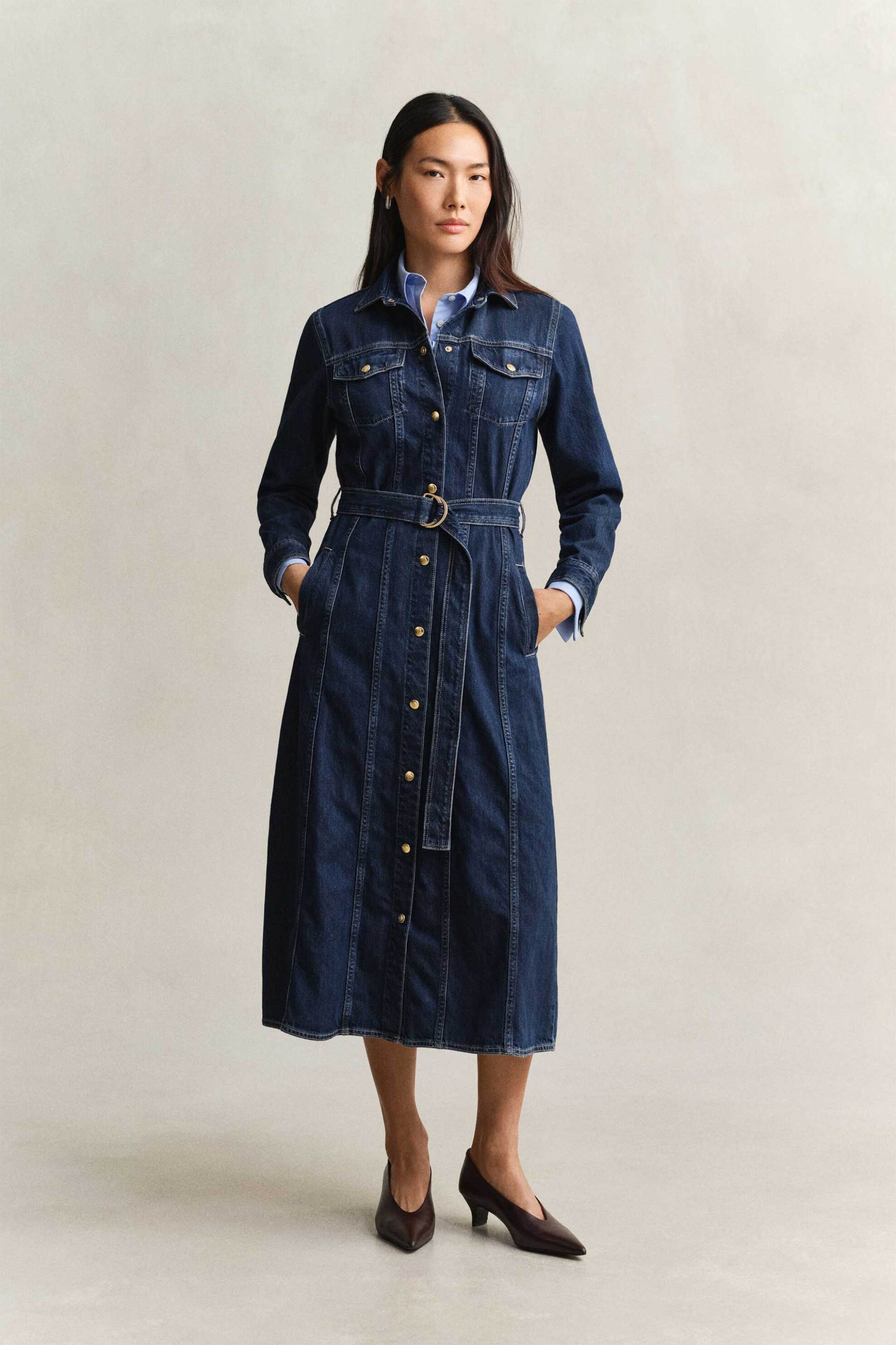 GANT Gant γυναικείο denim midi φόρεμα σεμιζιέ με ζώνη Regular Fit - 4503542 Denim Blue Σκούρο