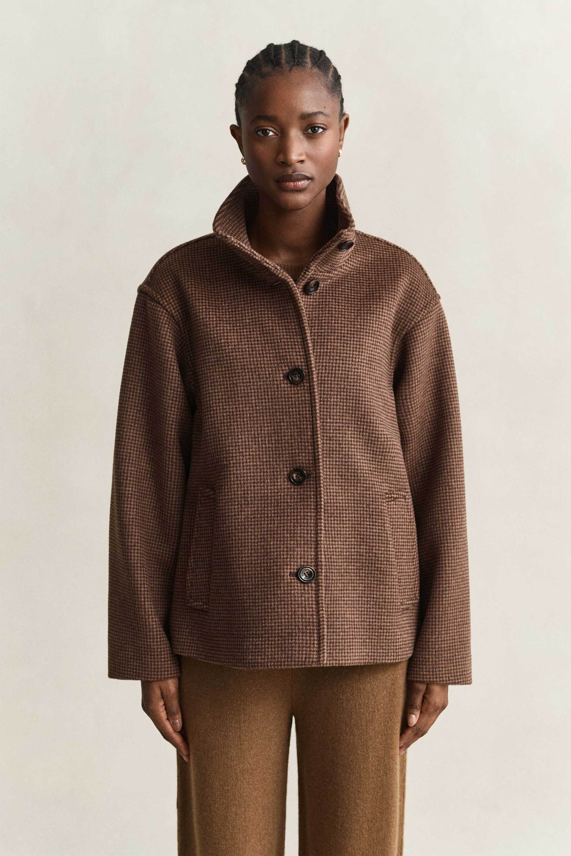 Gant γυναικείο μάλλινο jacket με κασμίρι και καρό σχέδιο Relaxed Fit - 4700429 Καφέ Σκούρο