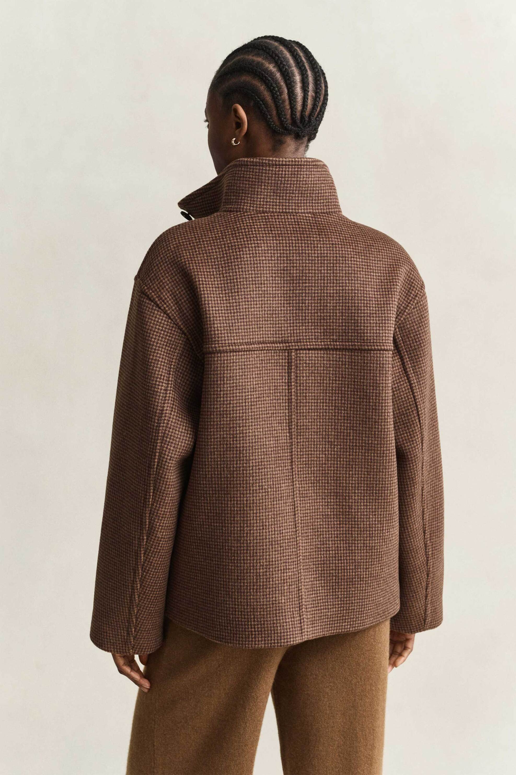 Gant Γυναικείο Μάλλινο Jacket με Κασμίρι Και Καρό Σχέδιο Relaxed Fit - 4700429 Καφέ Σκούρο