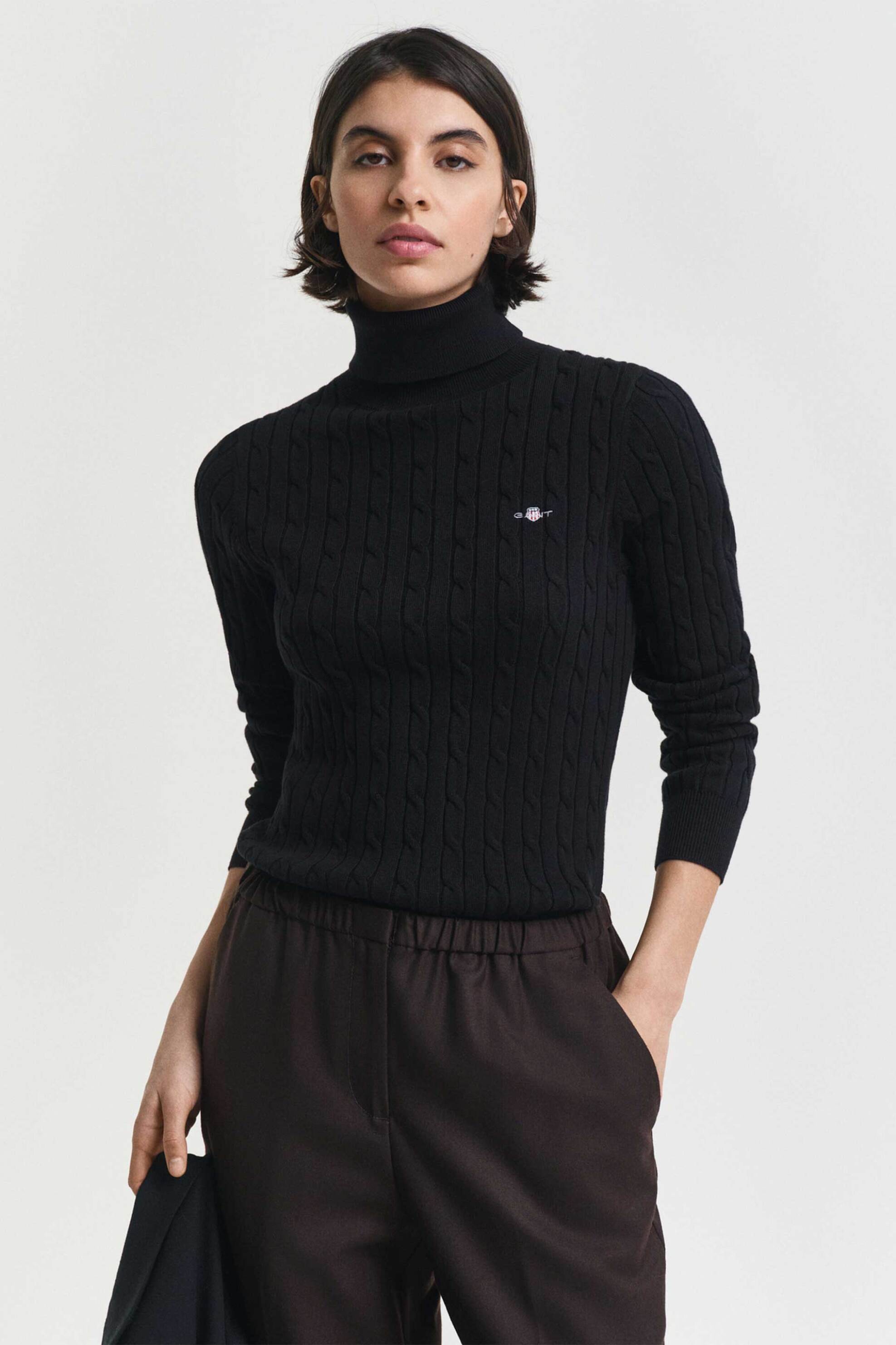Gant γυναικεία πλεκτή μπλούζα ζιβάγκο με cable knit pattern και κεντημένο λογότυπο Slim Fit - 4800102 Μαύρο