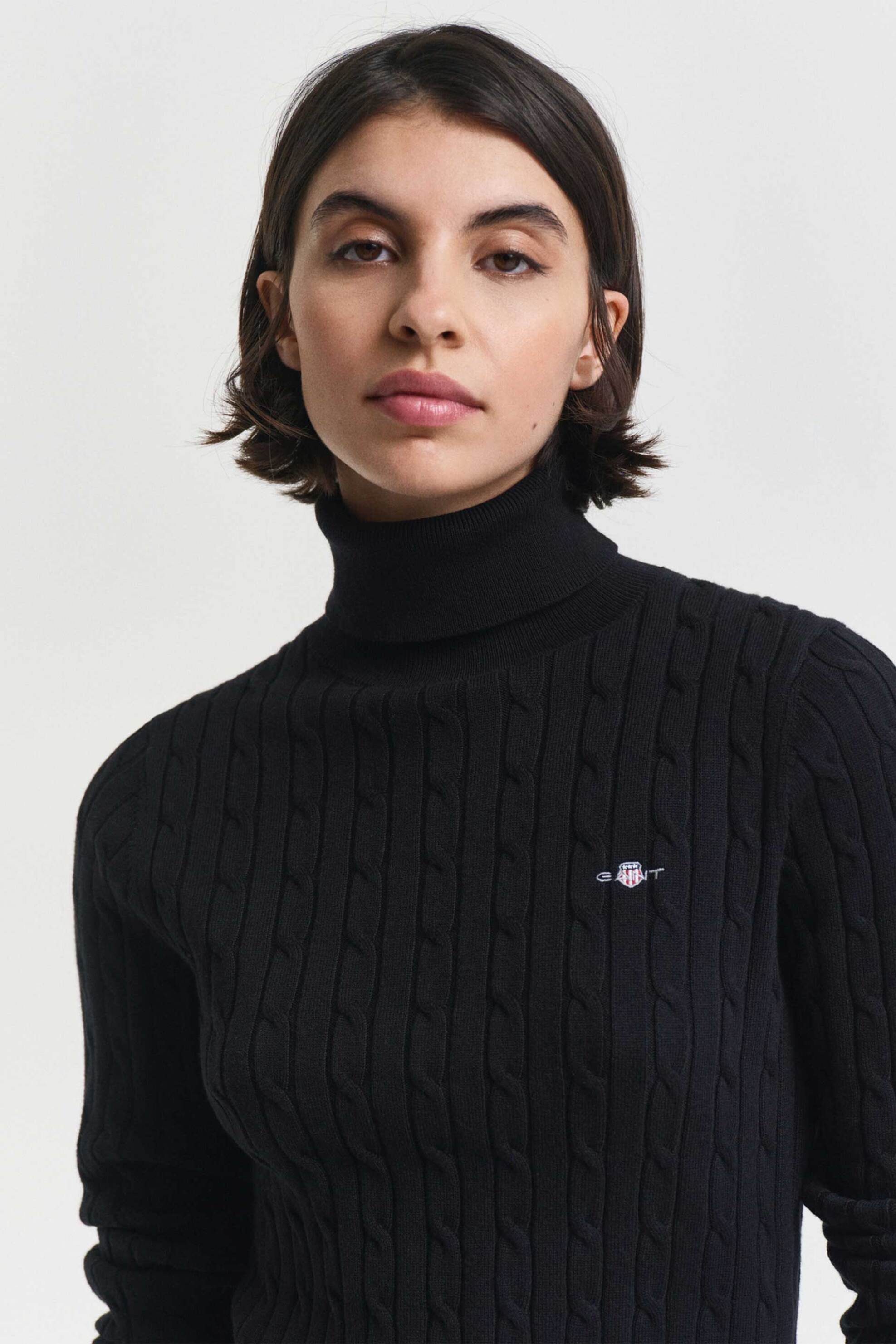Gant γυναικεία πλεκτή μπλούζα ζιβάγκο με cable knit pattern και κεντημένο λογότυπο Slim Fit - 4800102 Μαύρο