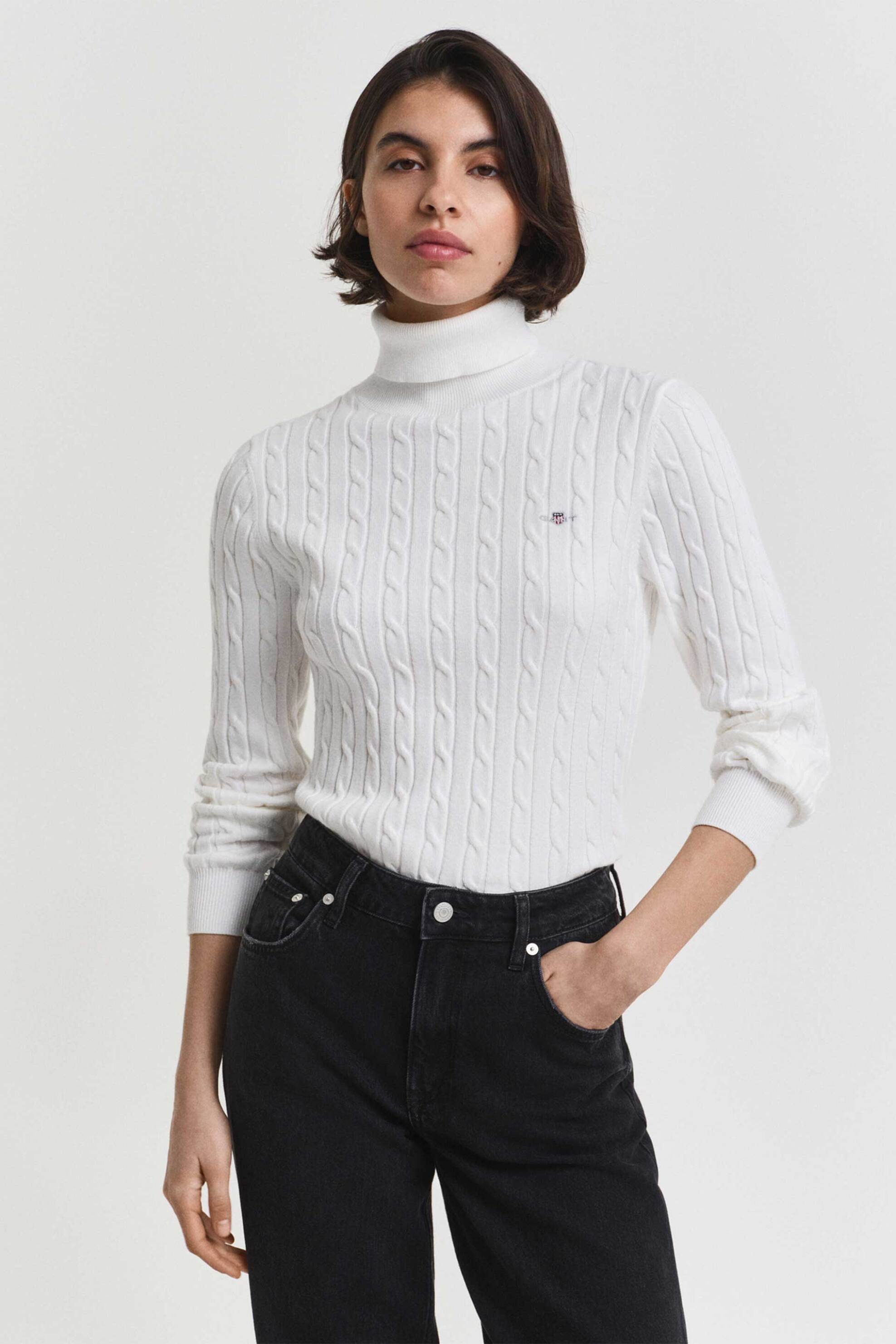 Gant γυναικεία πλεκτή μπλούζα ζιβάγκο με cable knit pattern και κεντημένο λογότυπο Slim Fit - 4800102 Λευκό