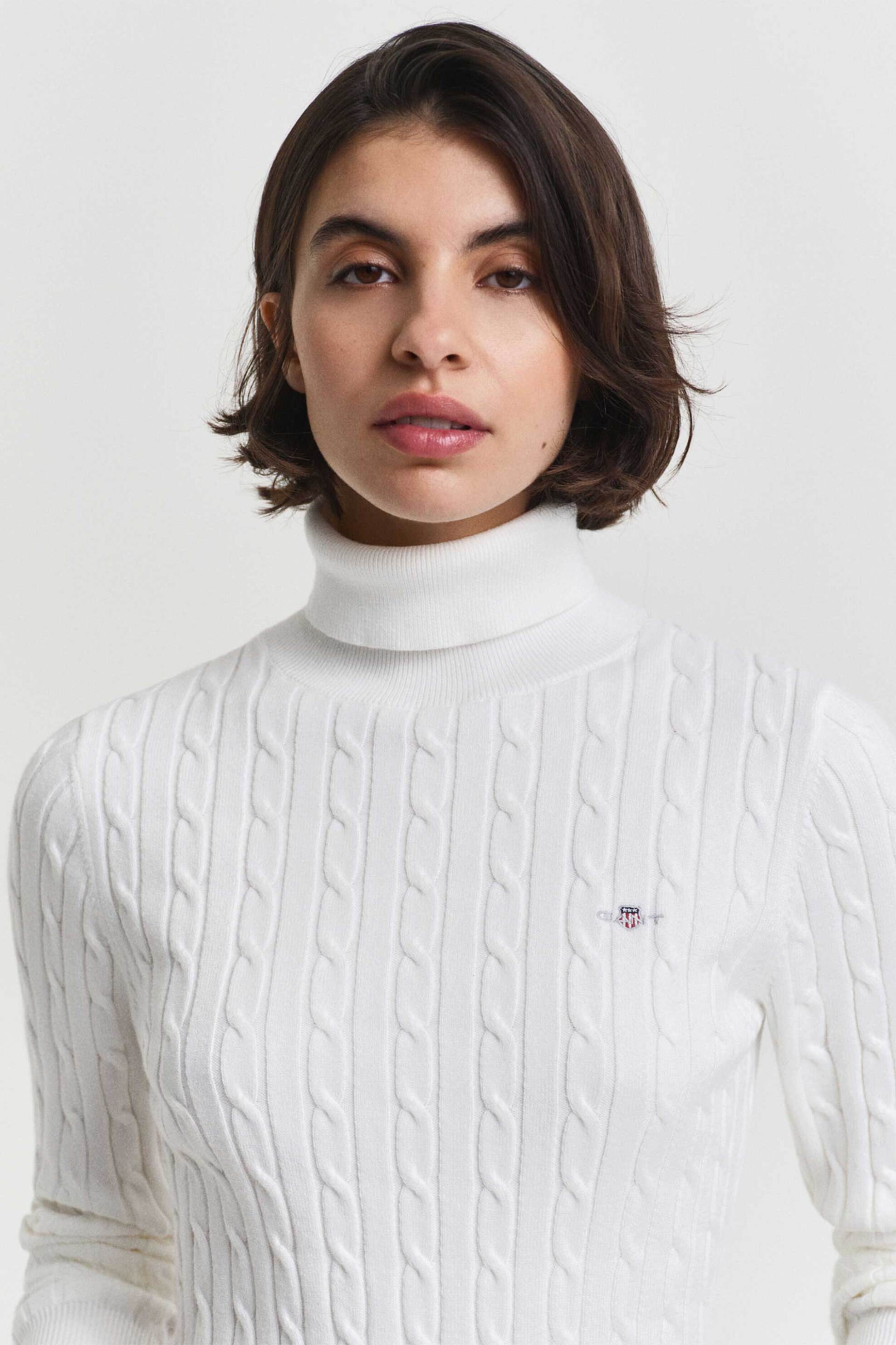 Gant γυναικεία πλεκτή μπλούζα ζιβάγκο με cable knit pattern και κεντημένο λογότυπο Slim Fit - 4800102 Λευκό