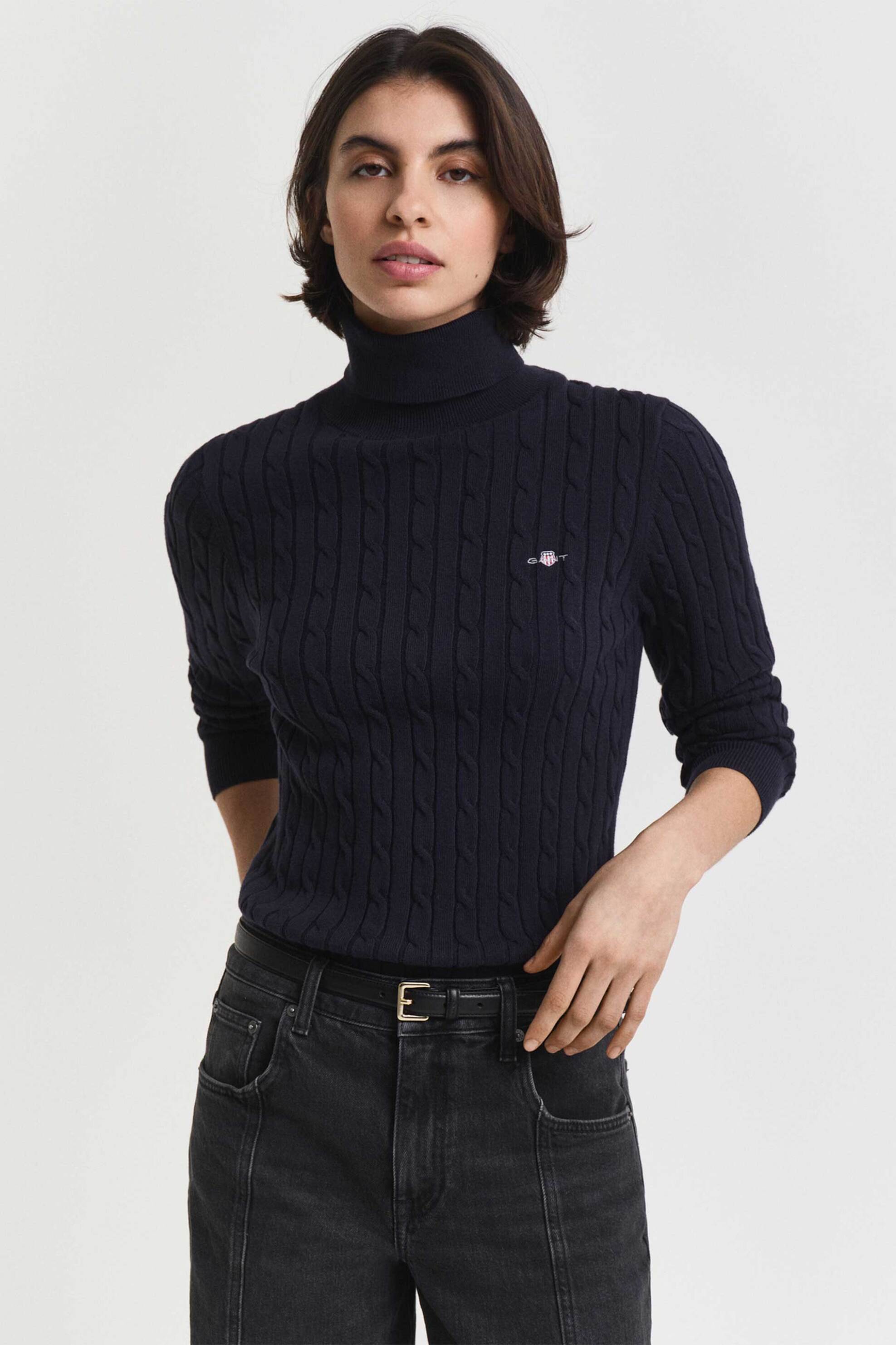 Gant γυναικεία πλεκτή μπλούζα ζιβάγκο με cable knit pattern και κεντημένο λογότυπο Slim Fit - 4800102 Μπλε Σκούρο