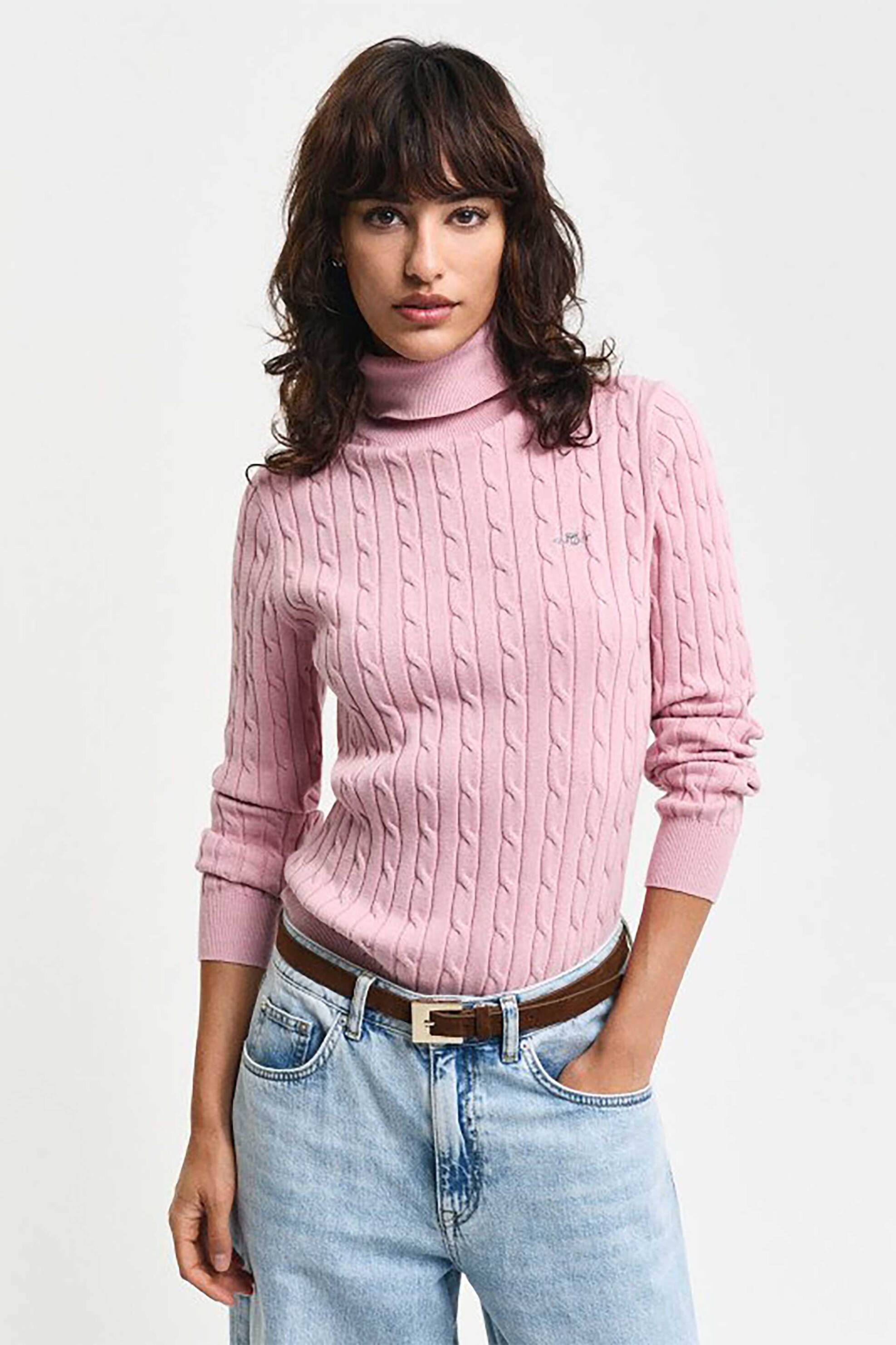Gant γυναικεία πλεκτή μπλούζα ζιβάγκο με cable knit pattern και κεντημένο λογότυπο Slim Fit - 4800102 Ροζ