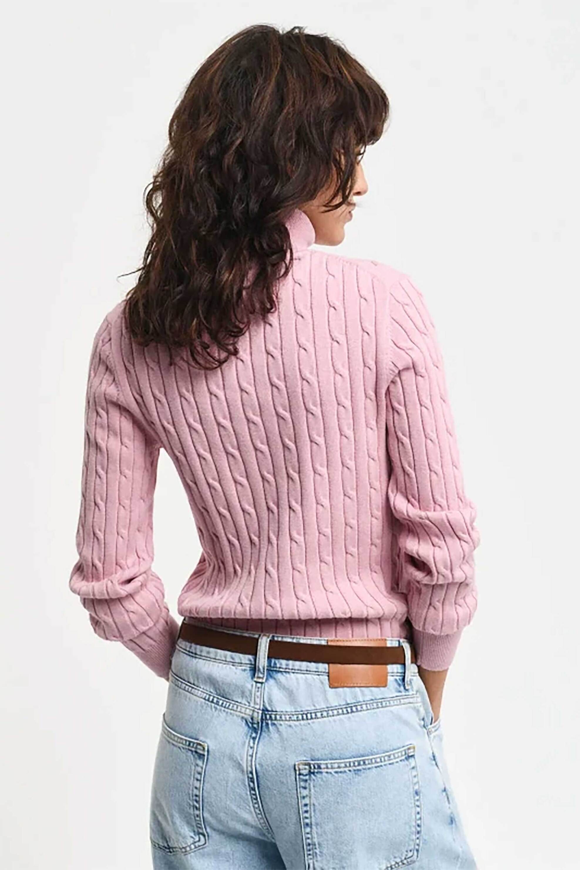 Gant Γυναικεία Πλεκτή Μπλούζα Ζιβάγκο με Cable Knit Pattern Και Κεντημένο Λογότυπο Slim Fit - 4800102 Ροζ