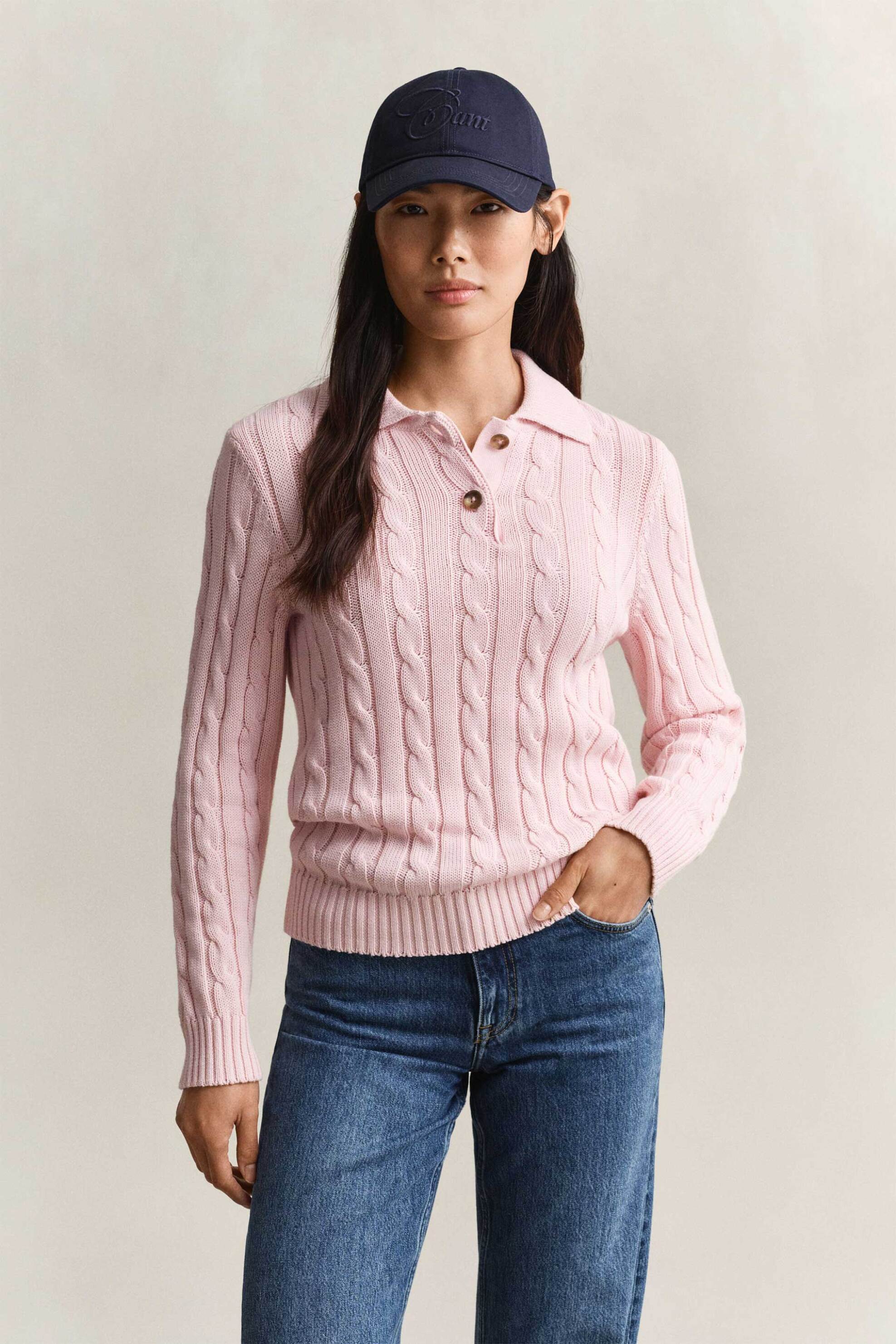 GANT Gant γυναικεία πλεκτή μπλούζα πόλο με cable knit pattern Regular Fit - 4802406 Ροζ