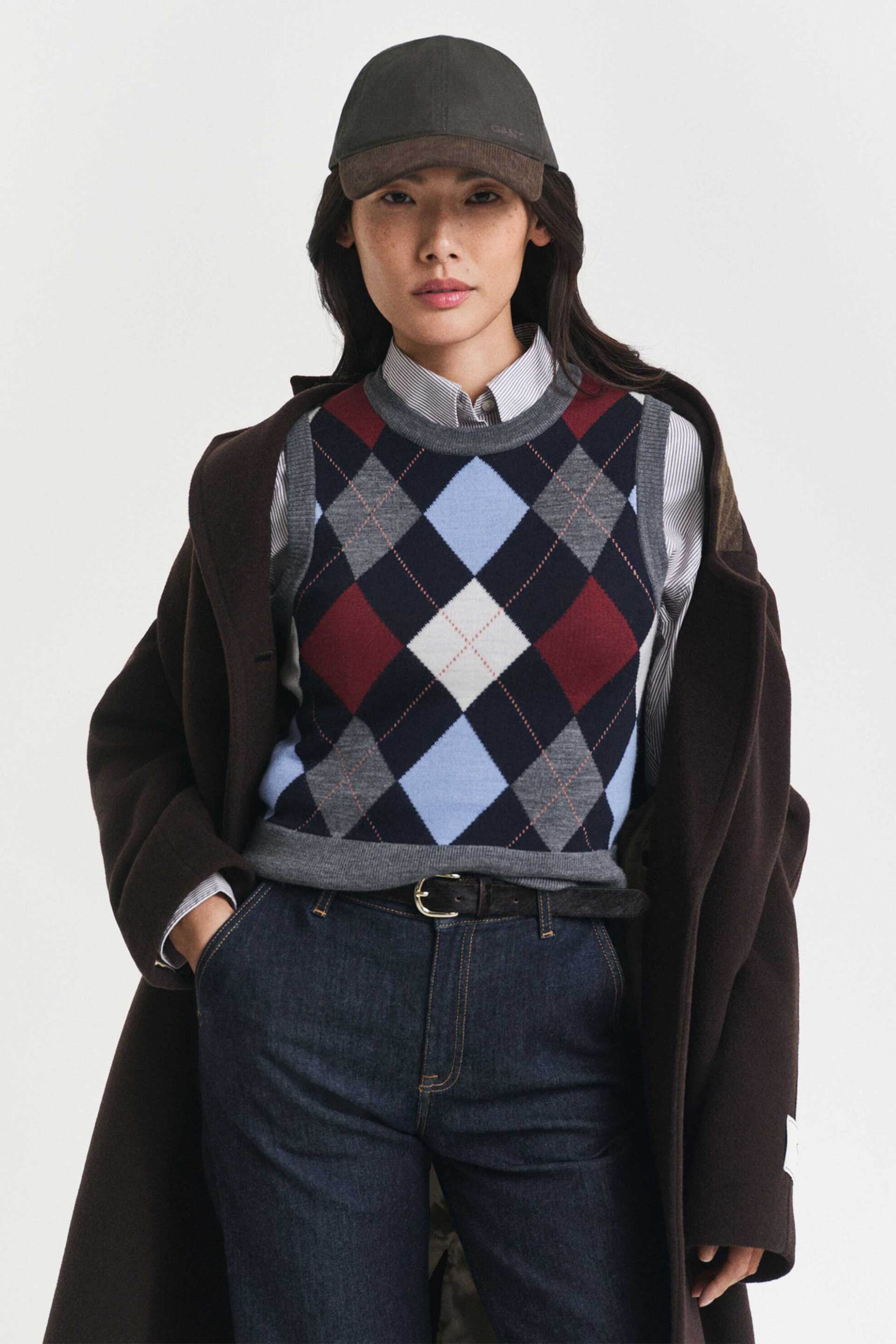 Gant γυναικεία μπλούζα πλεκτή αμάνικη με argyle pattern - 4805350 Ανθρακί