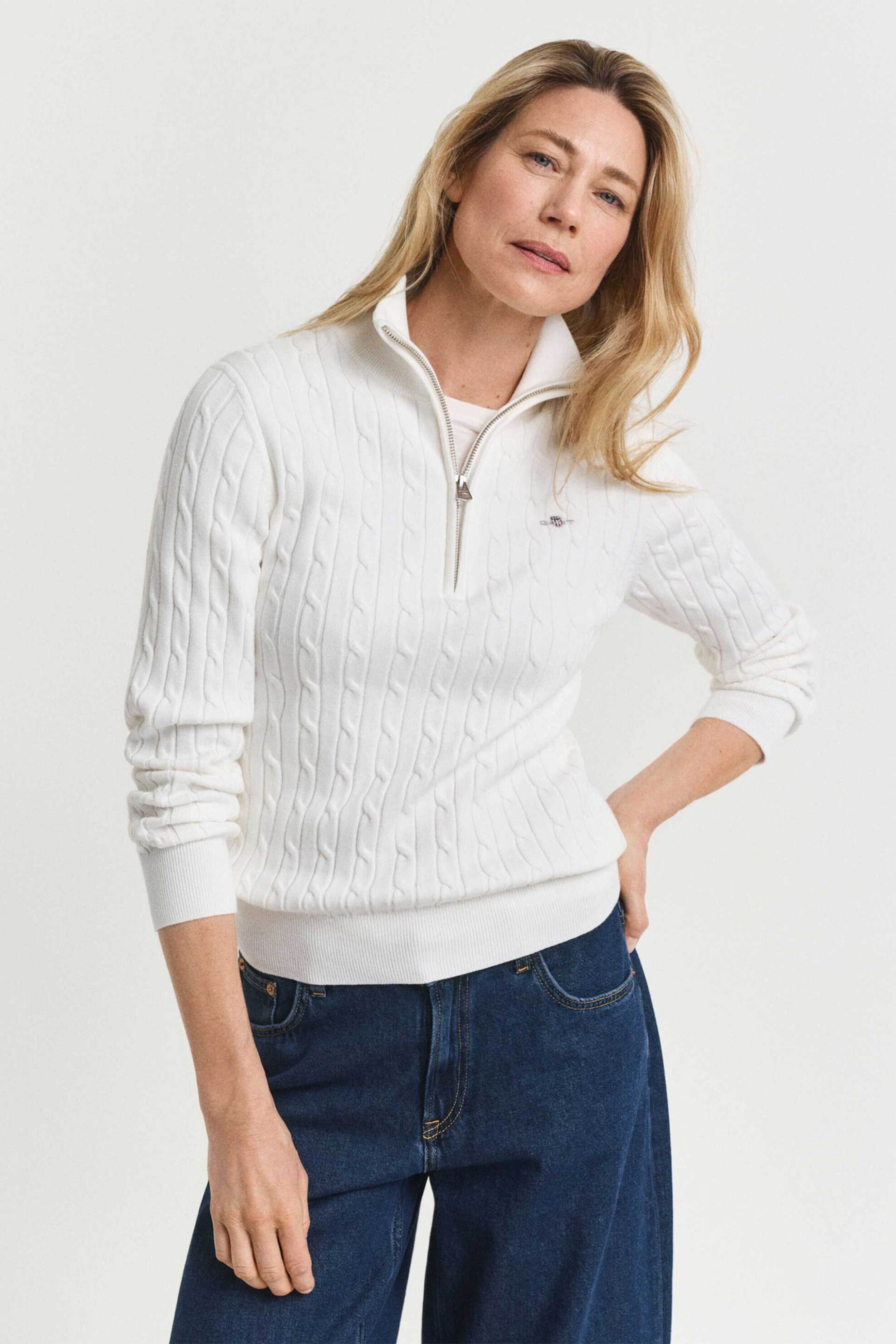 Gant γυναικεία πλεκτή μπλούζα με cable-knit και 1/2 φερμουάρ - 4805418 Λευκό