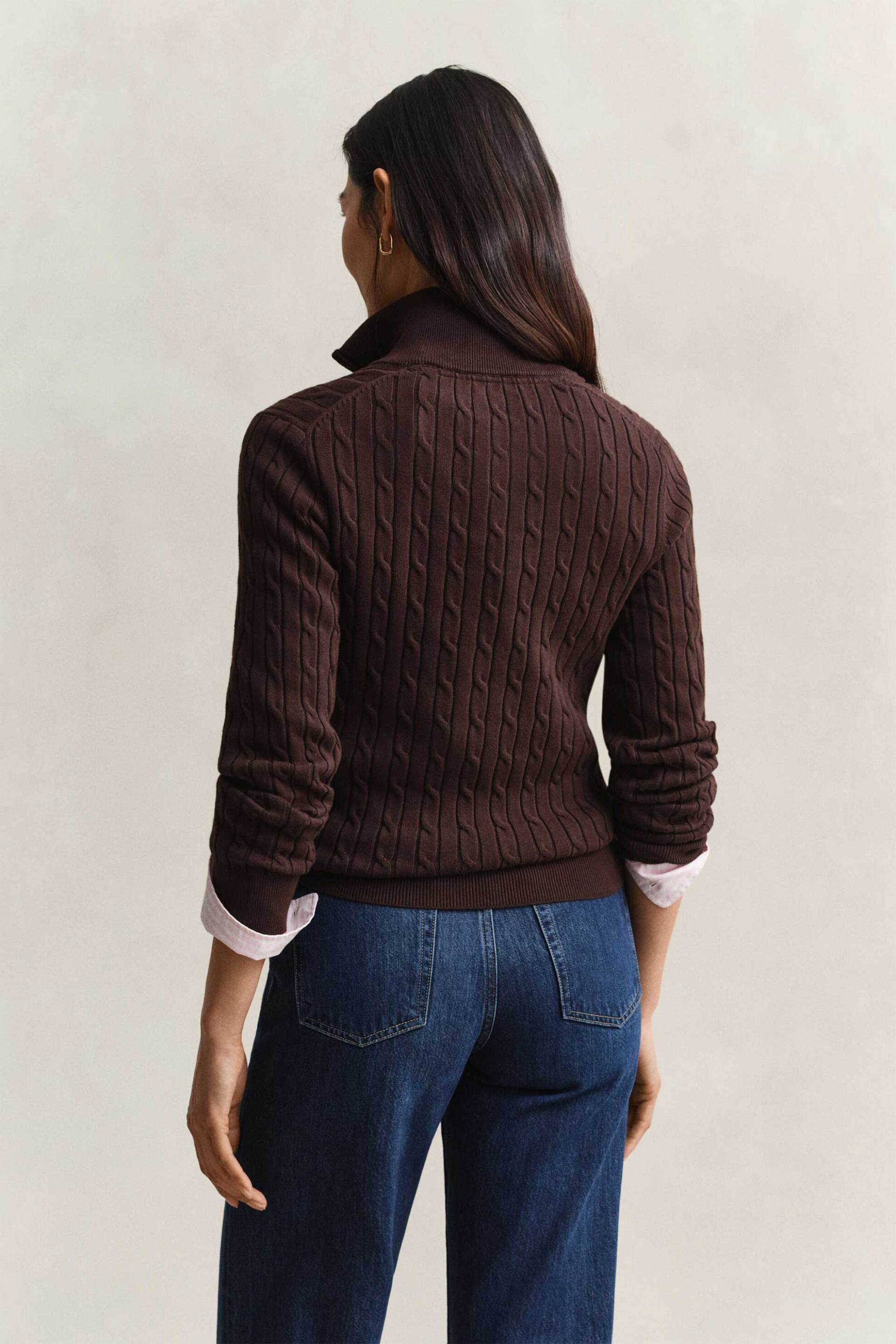 Gant Γυναικεία Πλεκτή Μπλούζα με Cable-Knit Και 1 2 Φερμουάρ - 4805418 Καφέ Σκούρο