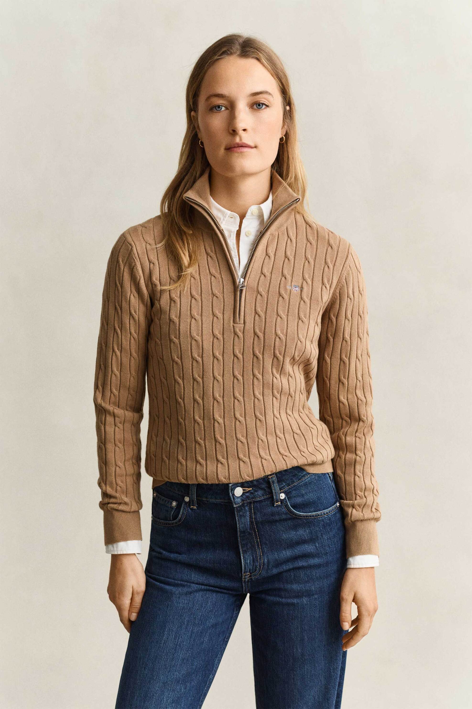 Gant γυναικεία πλεκτή μπλούζα με cable-knit και 1/2 φερμουάρ - 4805418 Καφέ Ανοιχτό