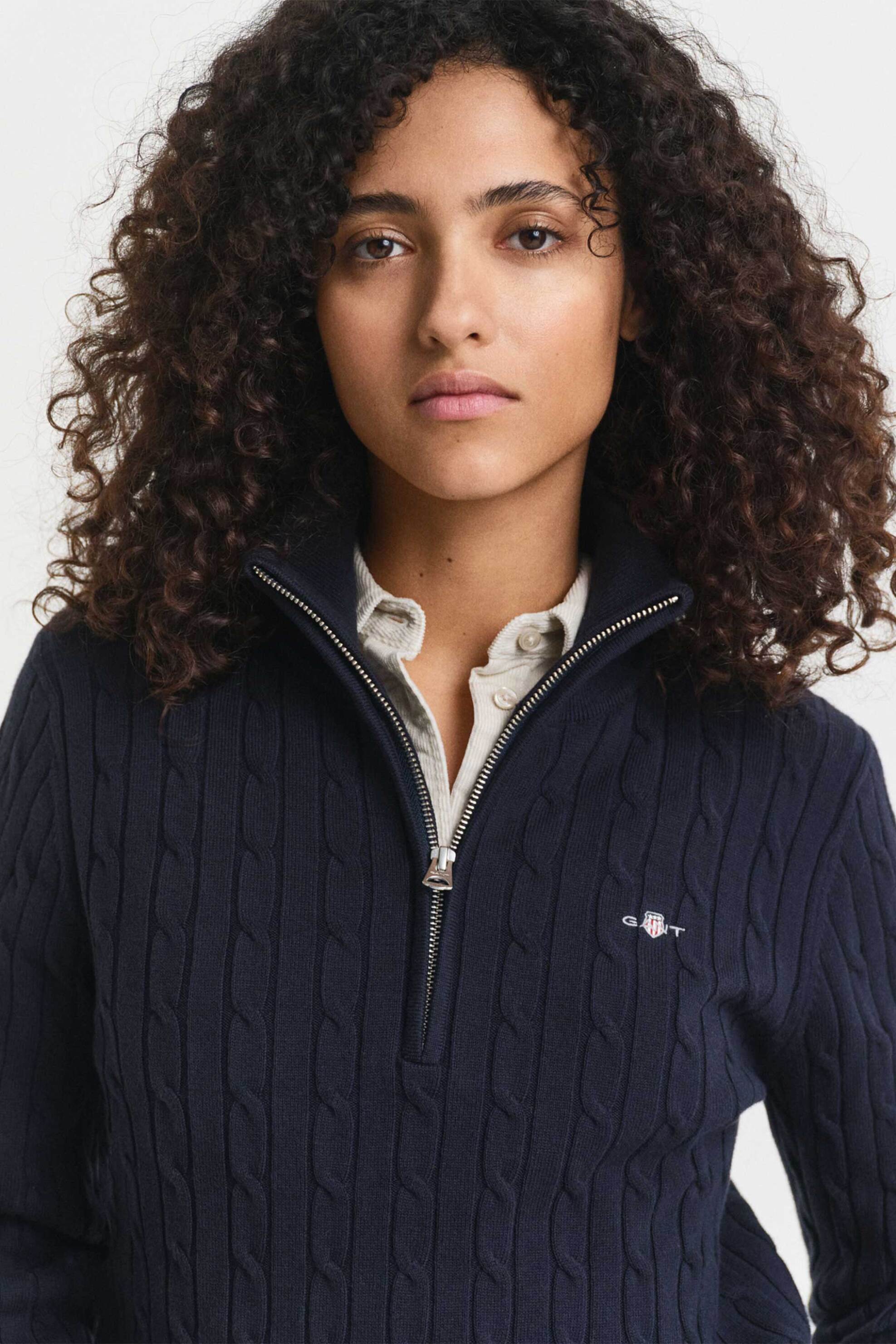 Gant γυναικεία πλεκτή μπλούζα με cable-knit και 1/2 φερμουάρ - 4805418 Μπλε Σκούρο