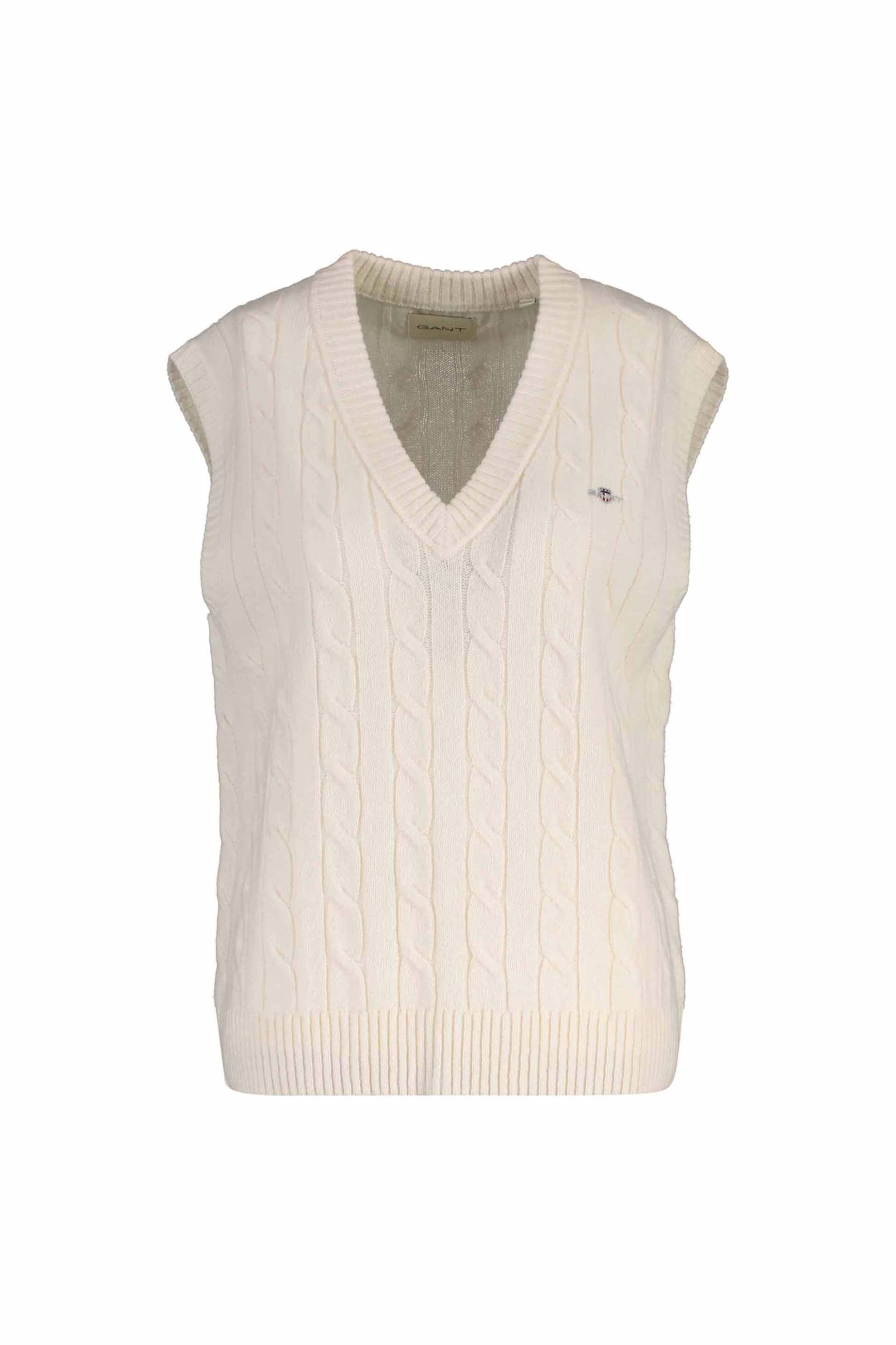 GANT Gant γυναικεία μάλλινη μπλούζα αμάνικη με cable knit pattern και κεντημένο λογότυπο Regular Fit - 4805429 Κρέμ