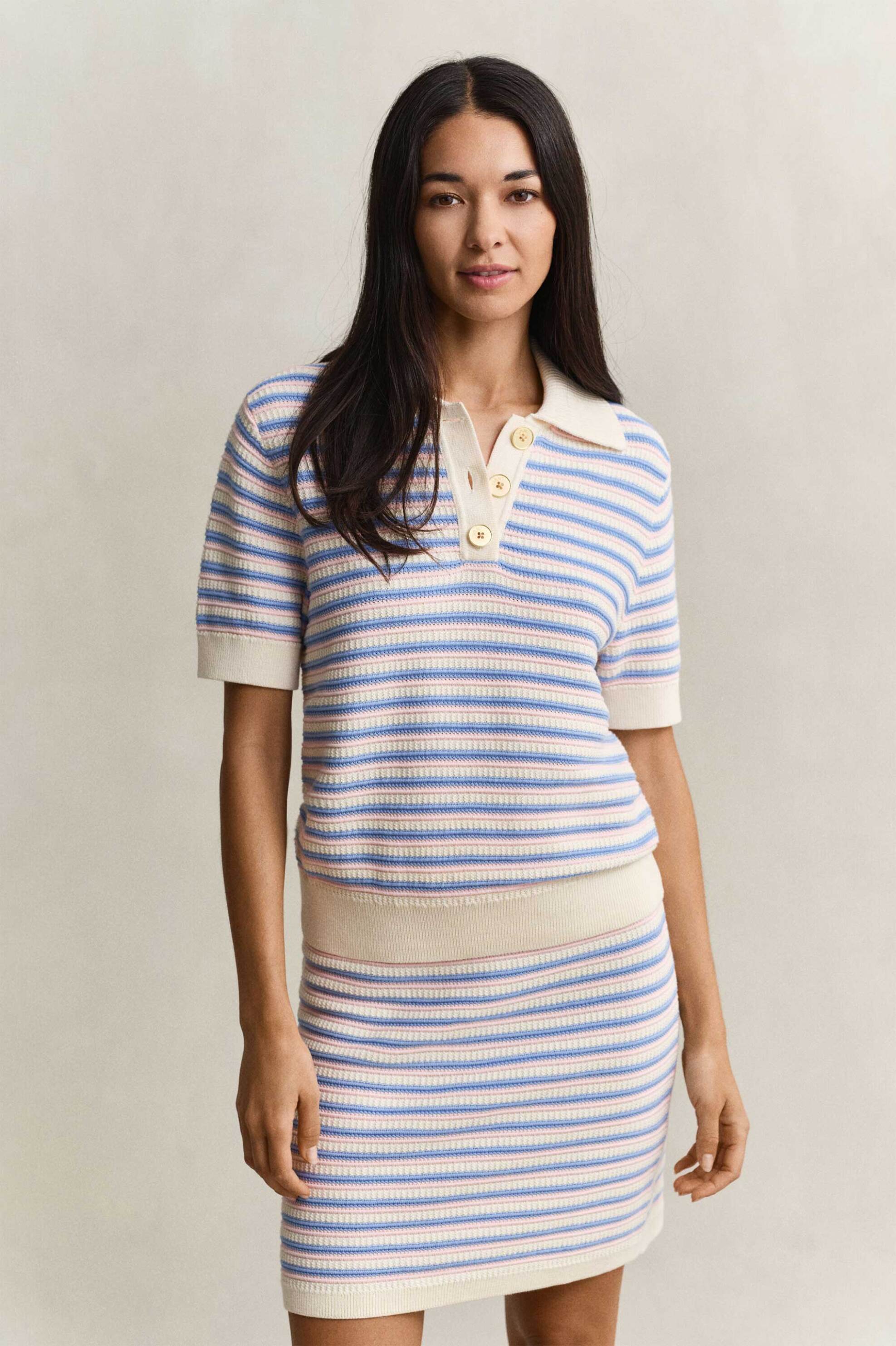 Gant γυναικεία πλεκτή μπλούζα πόλο textured με ριγέ σχέδιο Regular Fit - 4805458 Κρέμ